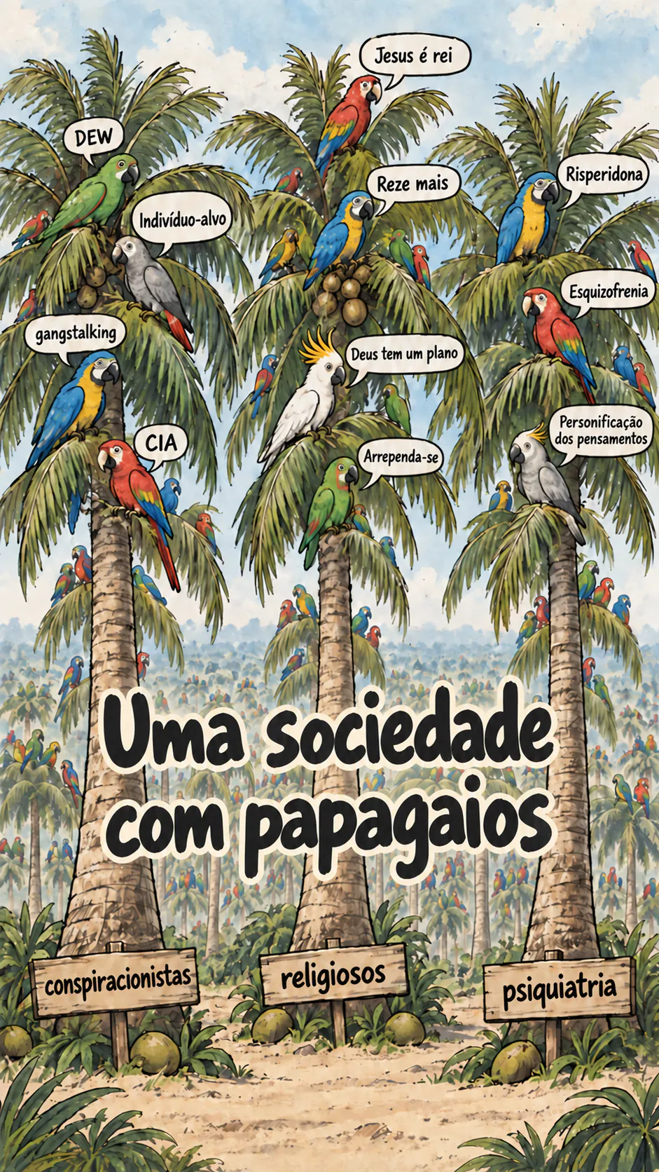 Três coqueiros carregam papagaios que repetem frases conspiratórias, religiosas e psiquiátricas, enquanto uma floresta infinita de coqueiros se estende ao fundo.