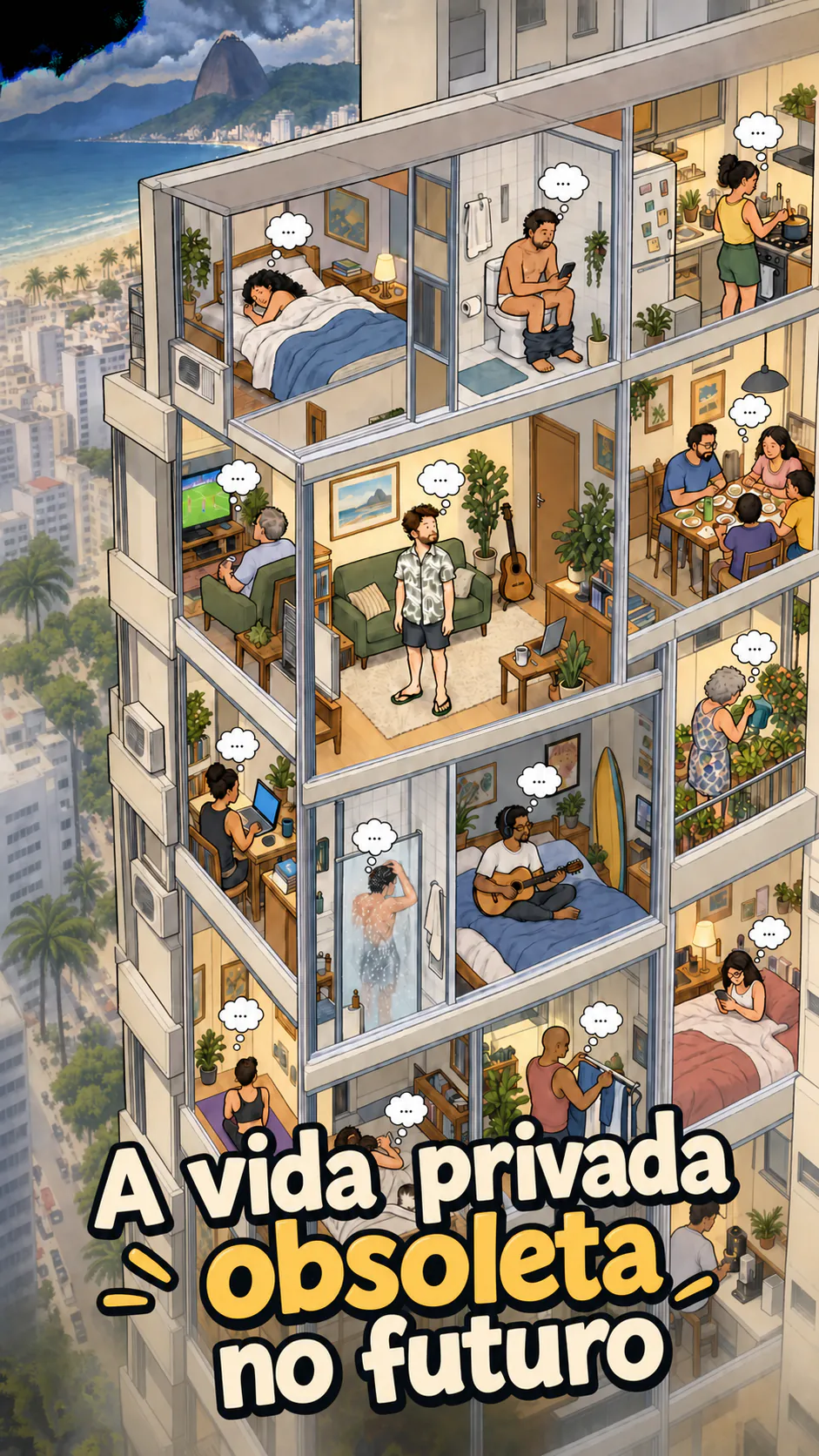 Uma torre de apartamentos em Copacabana vista em corte, com paredes transparentes, David sozinho no centro e vizinhos visíveis em seus apartamentos