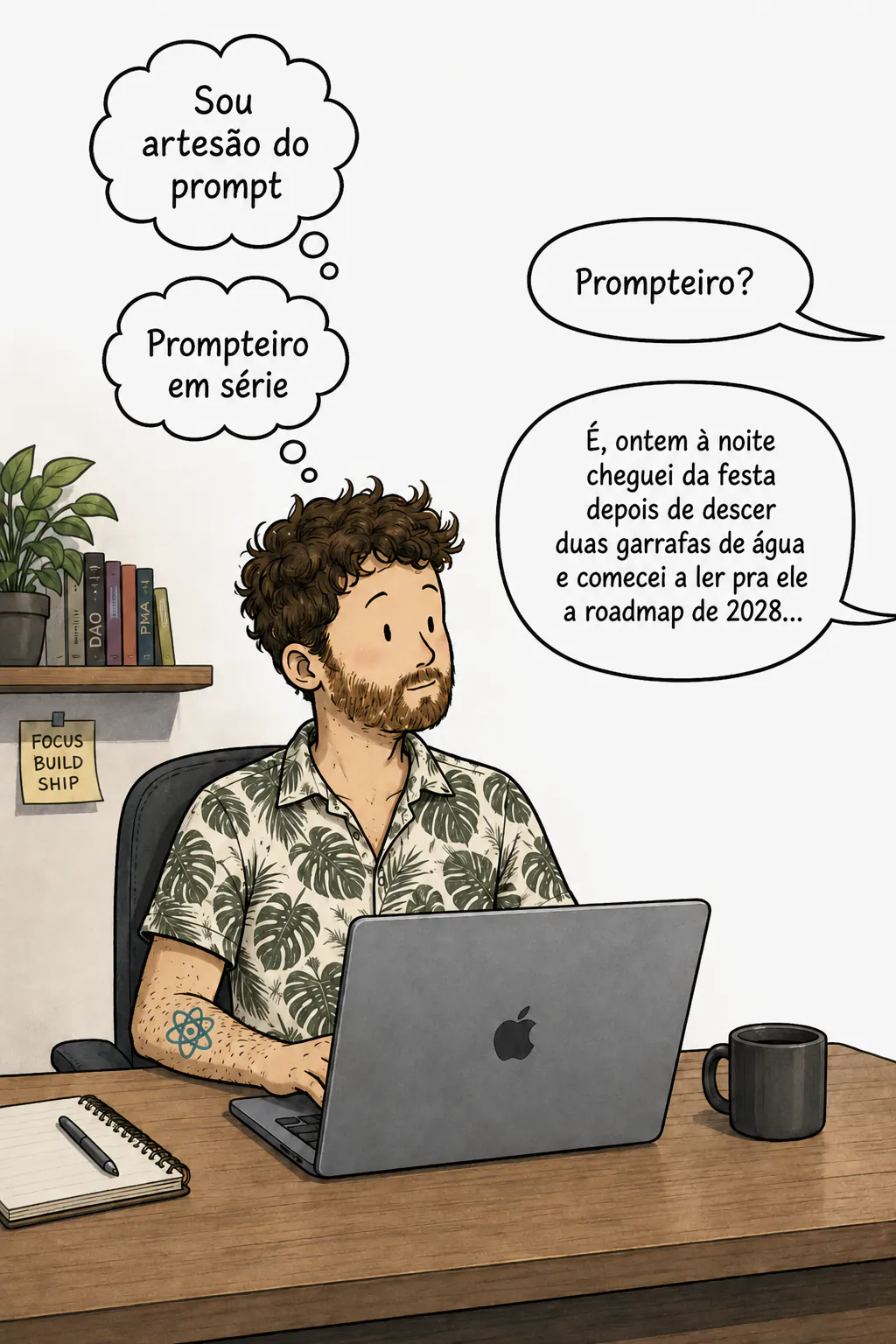 Na mesa dele, na frente de um notebook, o personagem pensa « Sou artesão do prompt », depois « Prompteiro em série », enquanto uma voz fora de quadro pergunta « Prompteiro? » e ele responde que leu a roadmap de 2028 para o computador ao voltar de uma festa