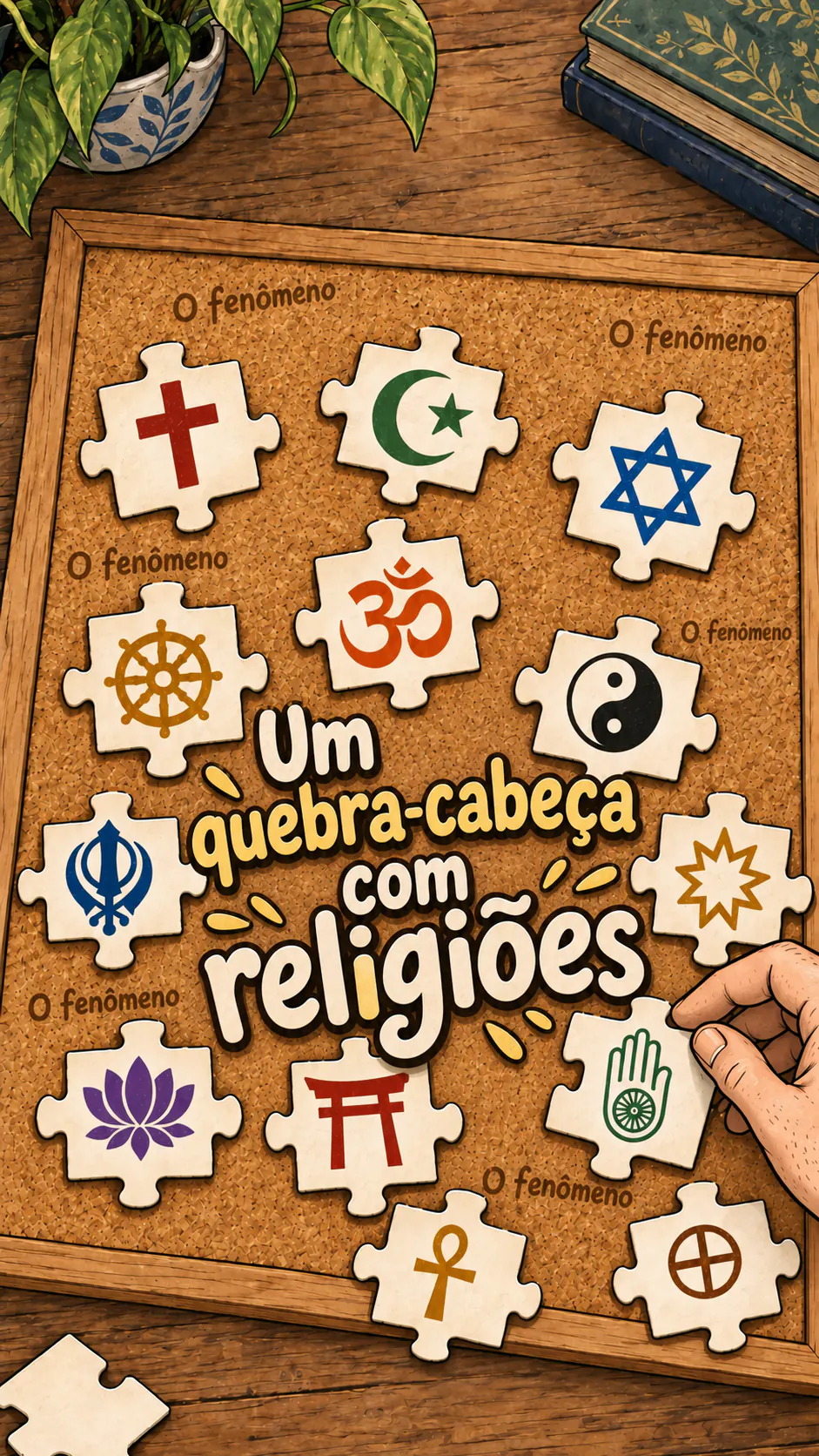 Um quebra-cabeça montado sobre um quadro de cortiça com símbolos religiosos