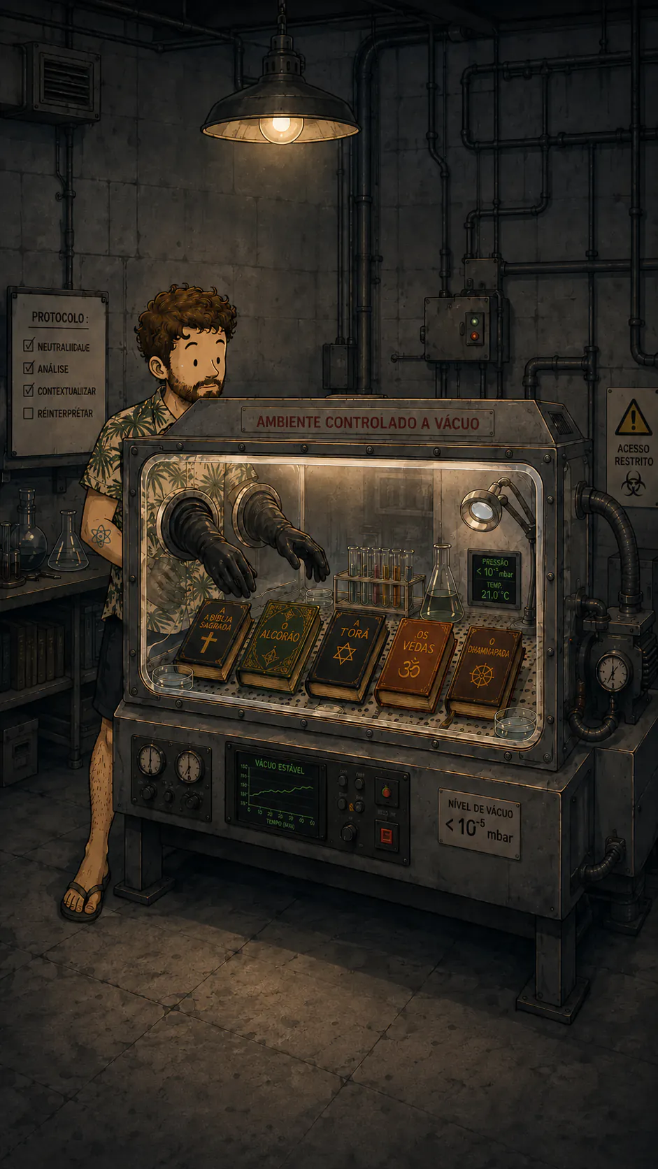 Num laboratório, o personagem manipula cinco livros religiosos fechados numa câmara de vácuo, com luvas pretas, como se fossem material perigoso. Na parede, uma lista « PROTOCOLO » cuja última caixa, « REINTERPRETAR », fica vazia