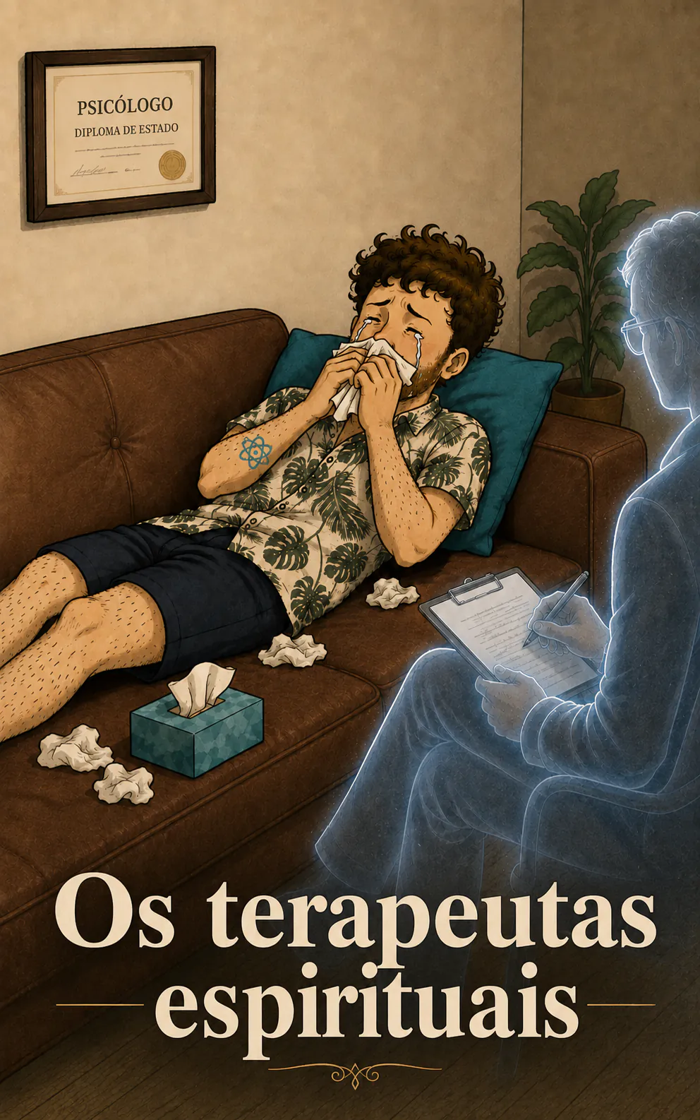 Deitado no sofá de um consultório, o personagem chora num lenço de papel, com bolinhas de papel em volta, enquanto um terapeuta translúcido faz anotações; na parede, um diploma « PSICÓLOGO ». Embaixo, o título « Os terapeutas espirituais »