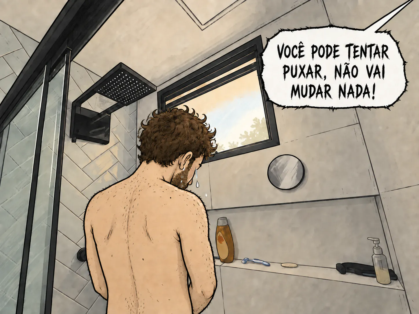 David chorando de costas em um banheiro, com uma bolha de fala perturbadora vindo de fora do quadro no canto superior direito.
