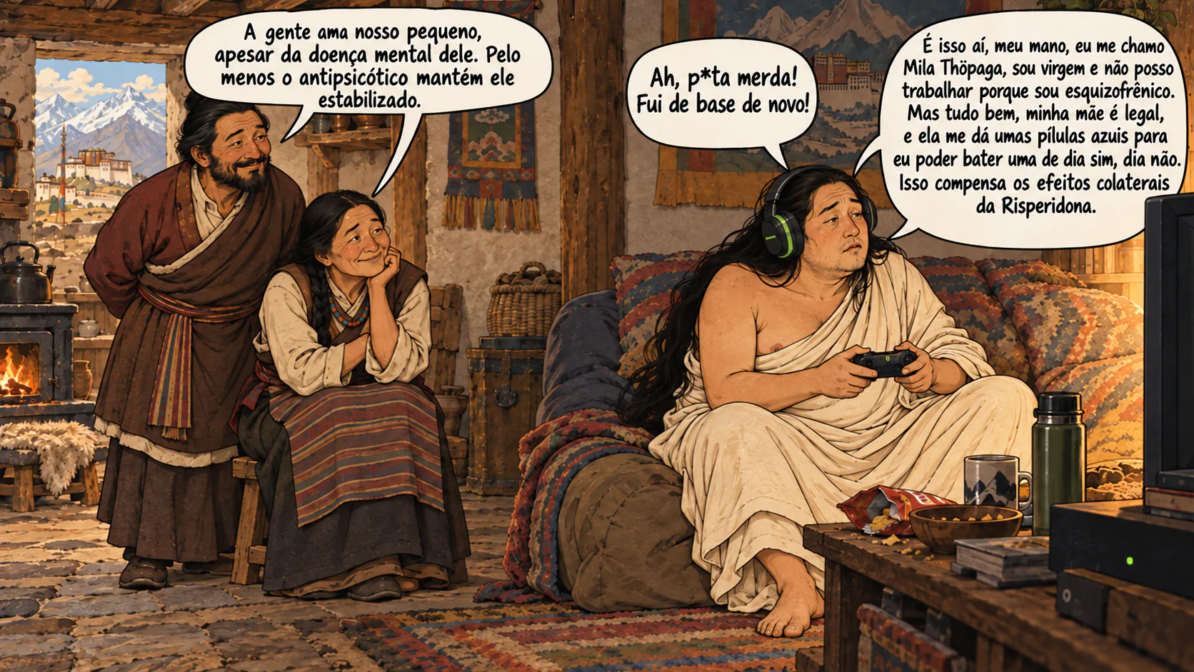 Yogi Milarepa, mais corpulento e pálido, joga videogame diante de uma televisão usando um headset gamer, enquanto seus pais sorridentes o observam em uma casa tibetana