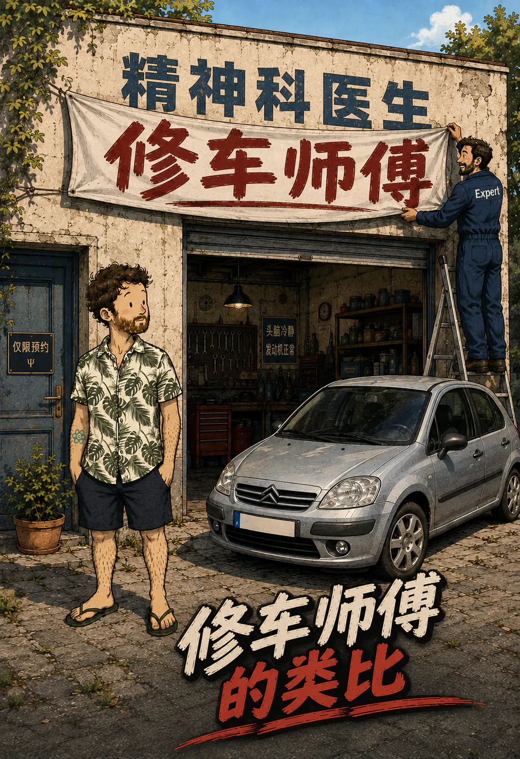 在一家修车厂的墙上，原本画着的招牌“PSYCHIATRE”被一条红色横幅“GARAGISTE”盖住了，穿工装的修车工正站在小梯子上把它拉好；旁边一位顾客和一辆车一起看着这一幕。下方画着标题“修车工的类比”