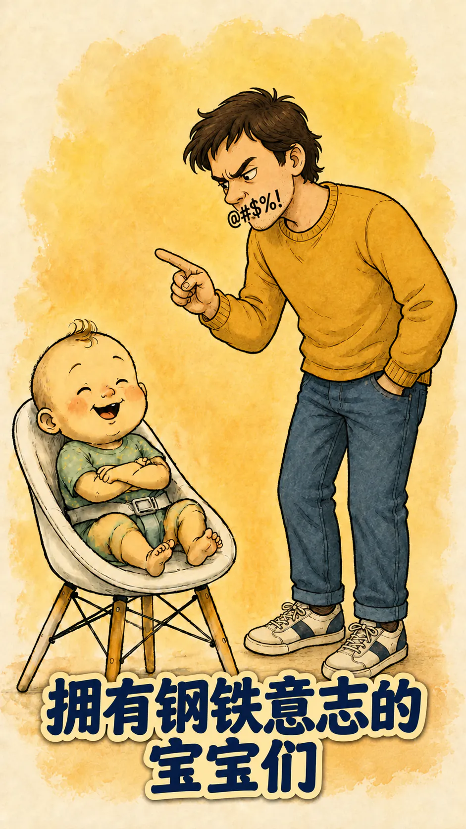 一个婴儿笑得很开心，完全不受影响，旁边一个烦躁的男人一边指着他一边说话，底部写着标题“铁打心态的宝宝们”。