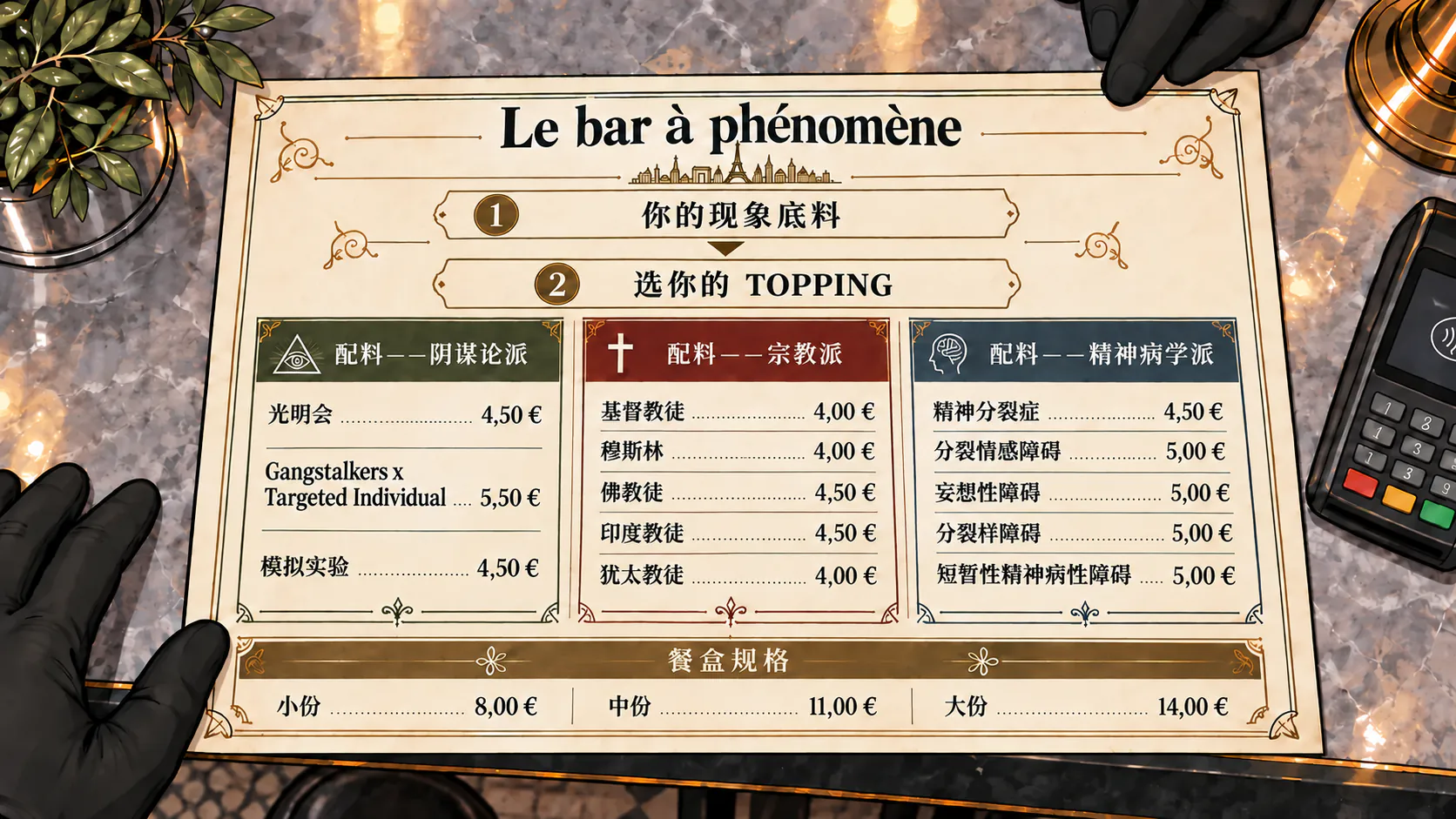 从上方看到的 Le bar à phénomène 菜单，上面有各种配料分类和它们的价格