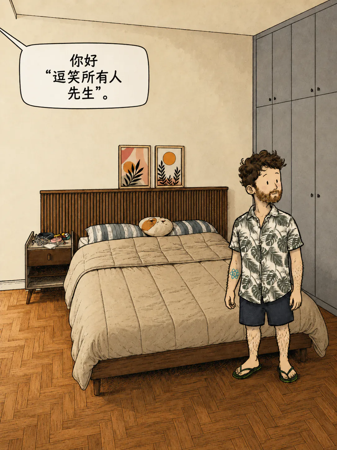 一个男人站在自己房间里，喊着：“你好先生，我负责把所有人都逗笑！”