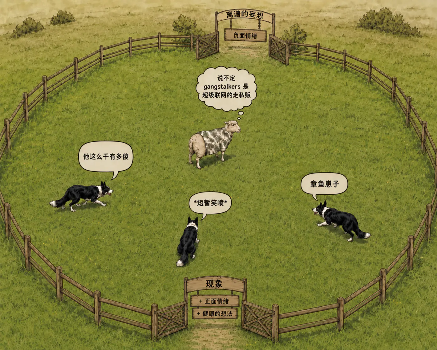 几只边境牧羊犬把羊群赶到一起，像被引导的思绪流