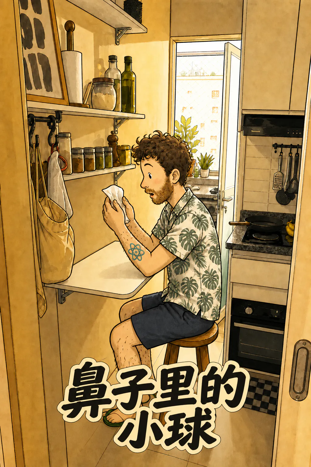 David 侧坐在一张小凳子上，面前是贴墙的小桌子，他双手拿着一张白色纸巾，正惊讶地看着里面的东西。下方写着标题“鼻子里的小球”