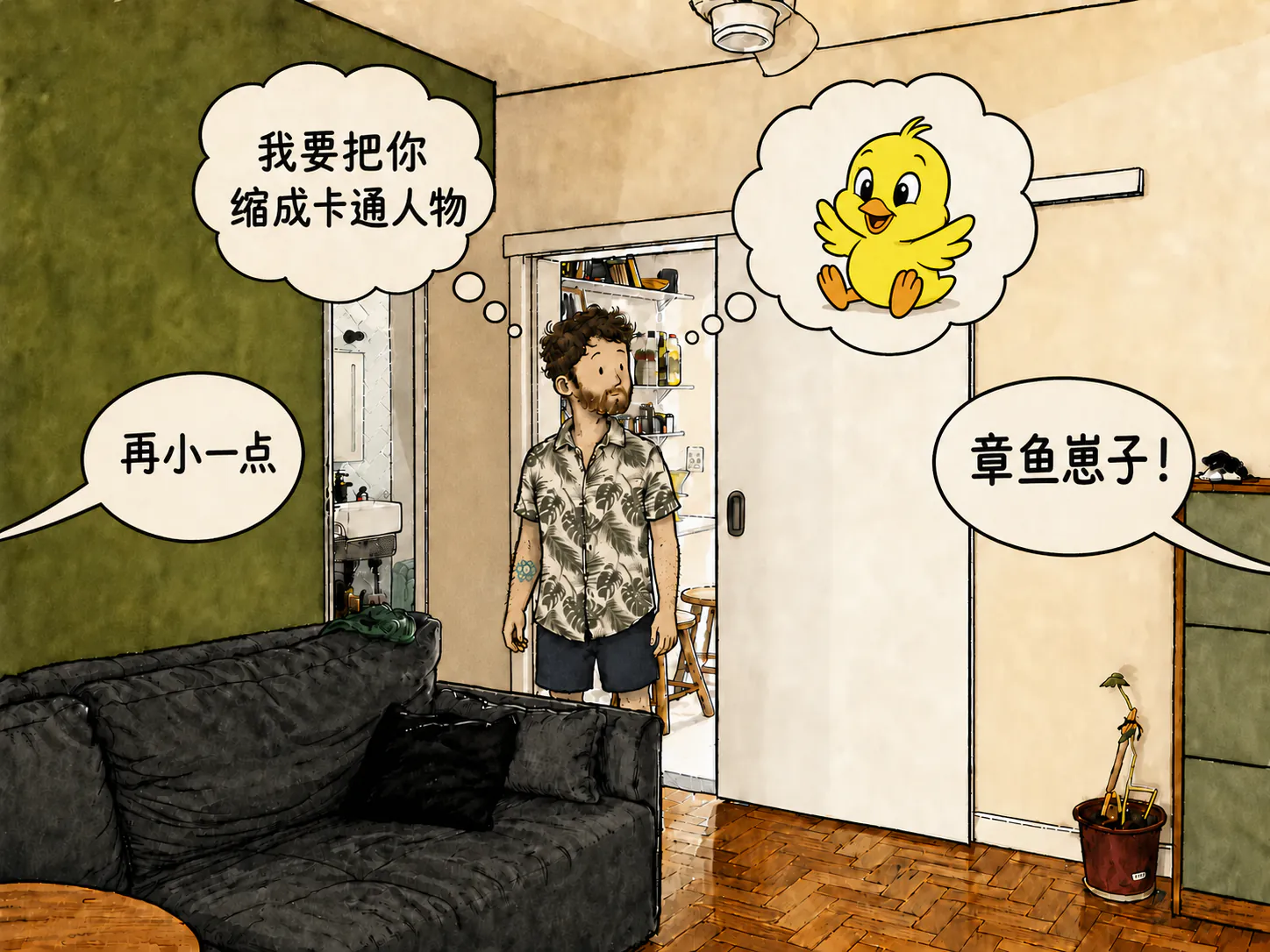 还是那个客厅,角色站在门口的位置。周围有三个气泡:“我要把你缩成一个 Cartoon 角色”,“再小一点” 和 “章鱼儿子!”。在他头顶上方,一个思考气泡里只剩下一只黄色小鸡。