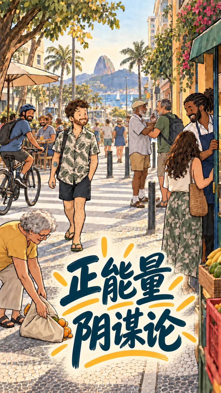 David 独自走在一条洒满阳光的街上，路人都面带笑容、互相帮忙，上方标题写着“积极阴谋”