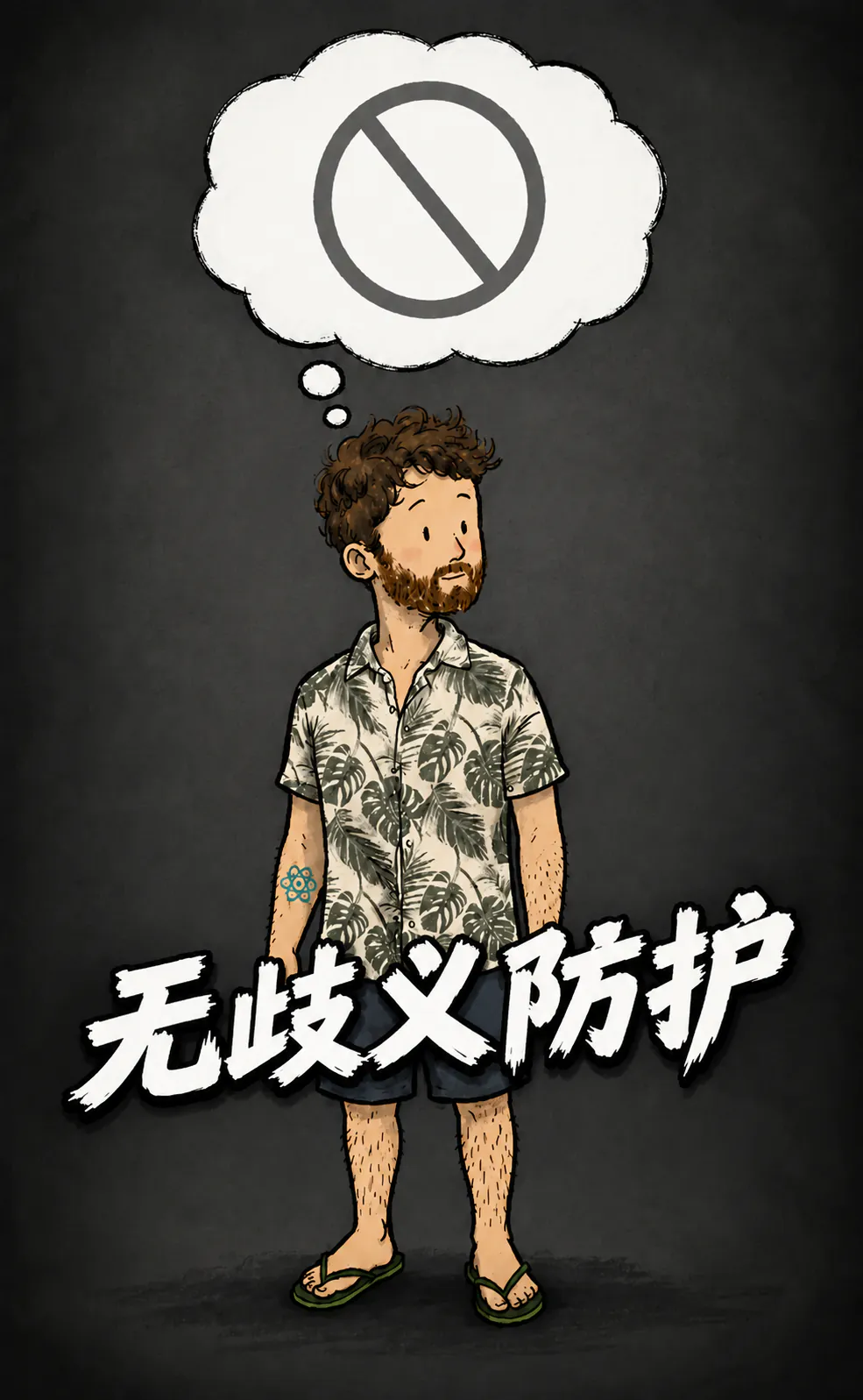 深灰色背景上,这个角色站着,表情平静,头顶有个思维气泡,里面只有一个禁止标志,一个空的带斜杠圆圈。下方是标题“Connotation-proof”