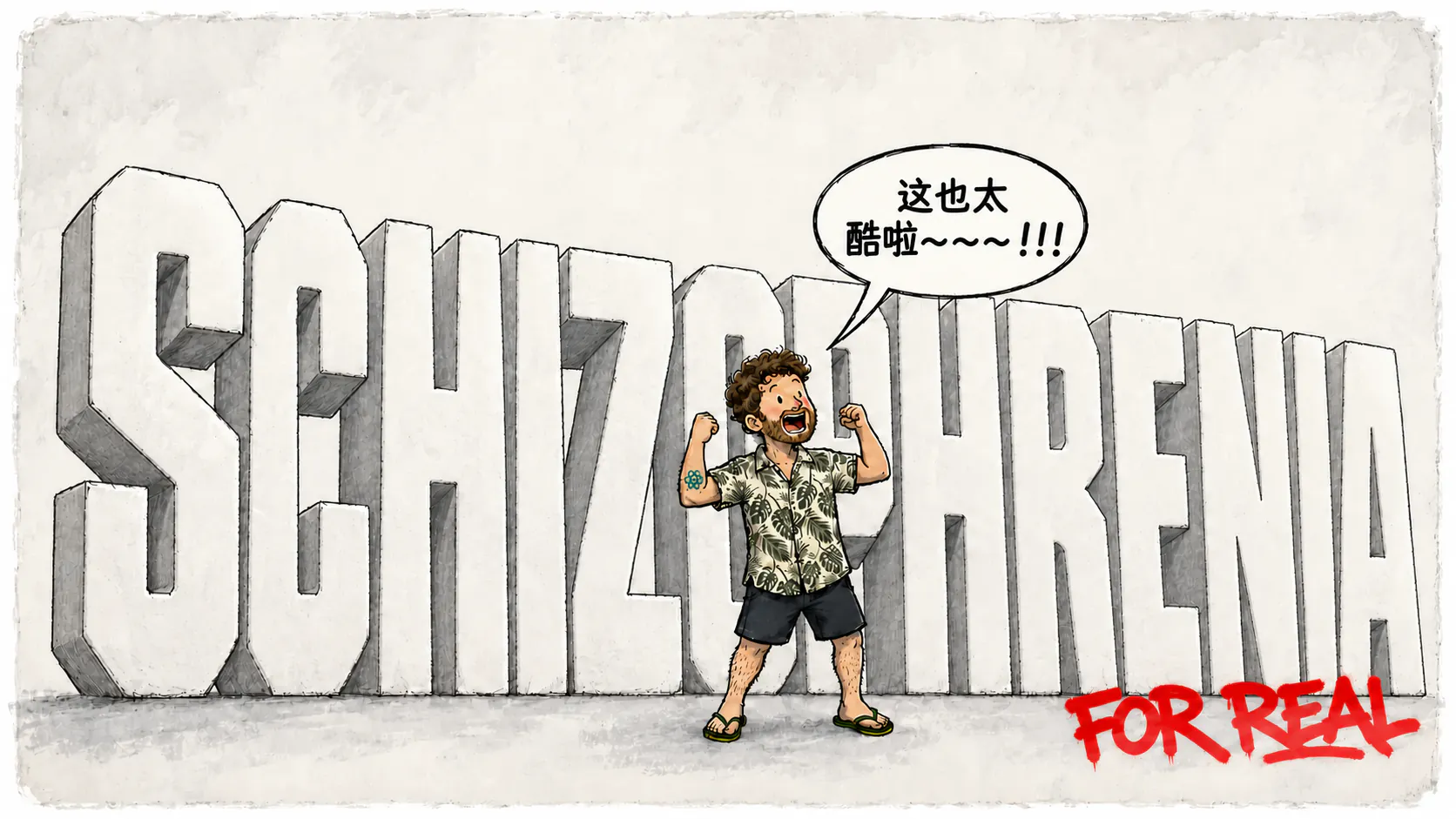 David 在大大的“SCHIZOPHRENIA”字样前举起双手,旁边有一个气泡和红色标语“FOR REAL”。