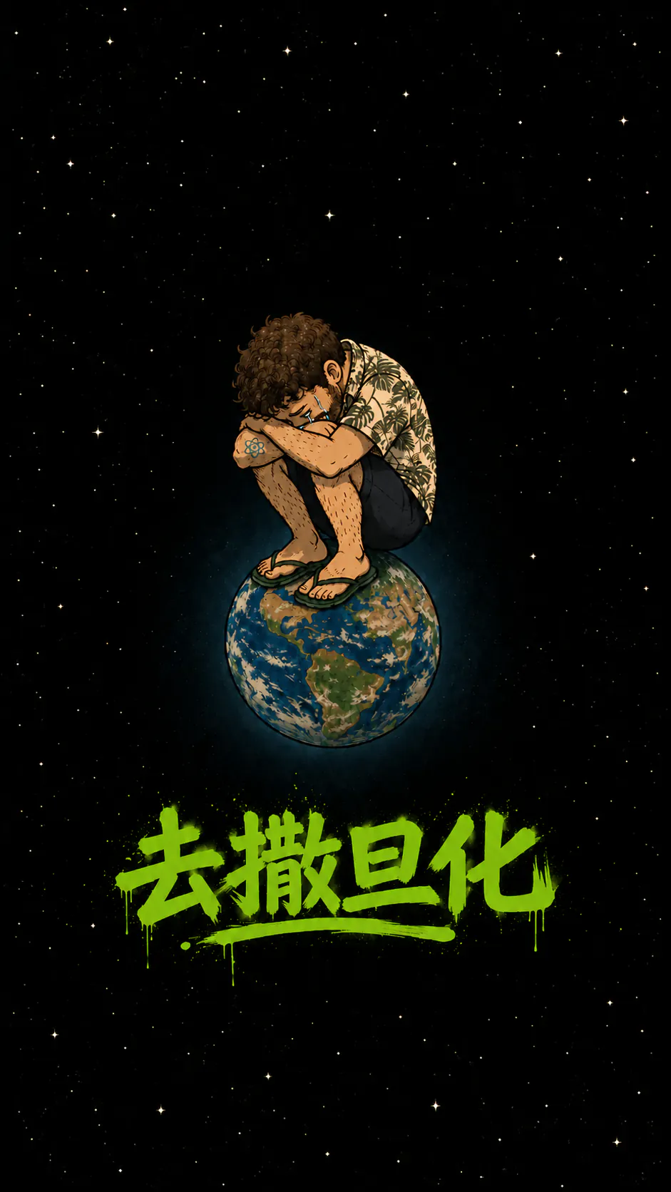角色蜷成一团，哭得不行，坐在地球顶上，周围是布满星星的太空。下方用绿色喷漆写着“去撒旦化”
