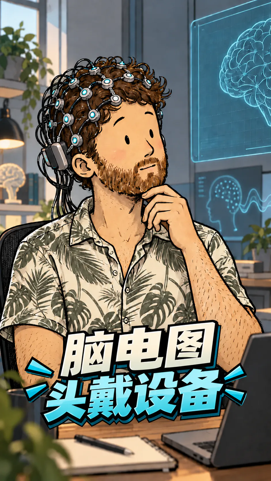 David 坐在一个未来感实验室里，头上戴着布满电极和线缆的 EEG 头盔；下方出现标题“EEG 头盔”