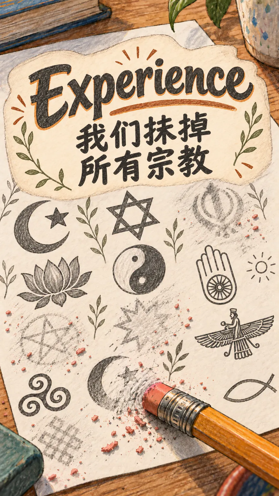 一张纸上用石墨画满了各种宗教符号，其中好几个正被铅笔上的橡皮擦掉，上面写着标题“实验，擦掉所有宗教”。
