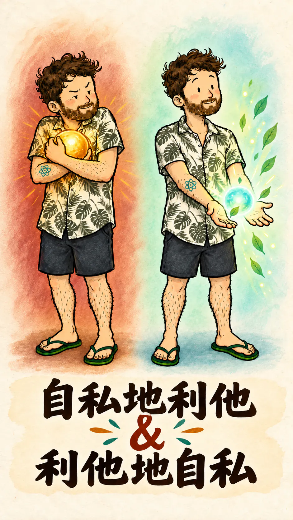 同一个角色的两个版本，分别表现自私和利他，底部区域有一个分成三行的标题。