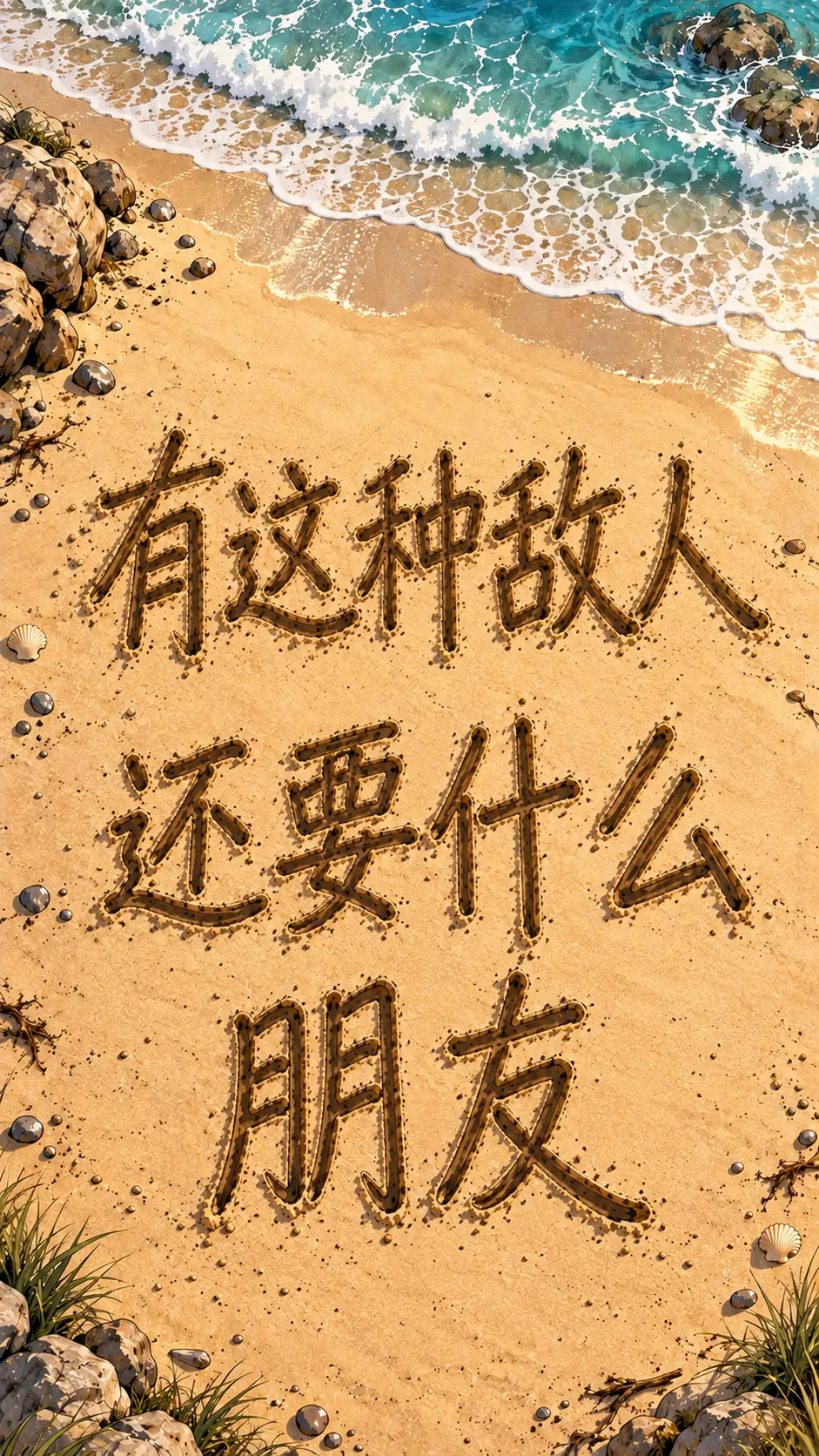 俯视一片海滩，沙子上写着“有这种敌人，还要什么朋友”