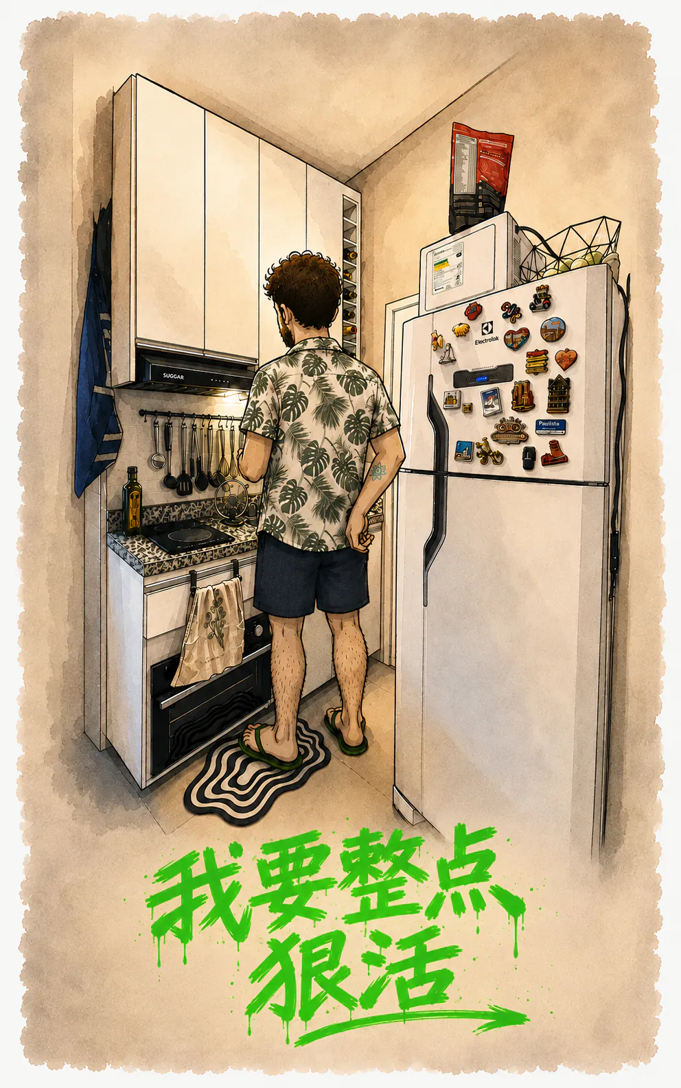 角色背对着站在自家小厨房里，面前是灶台，用绿色喷漆宣布：“我要整个狠活”