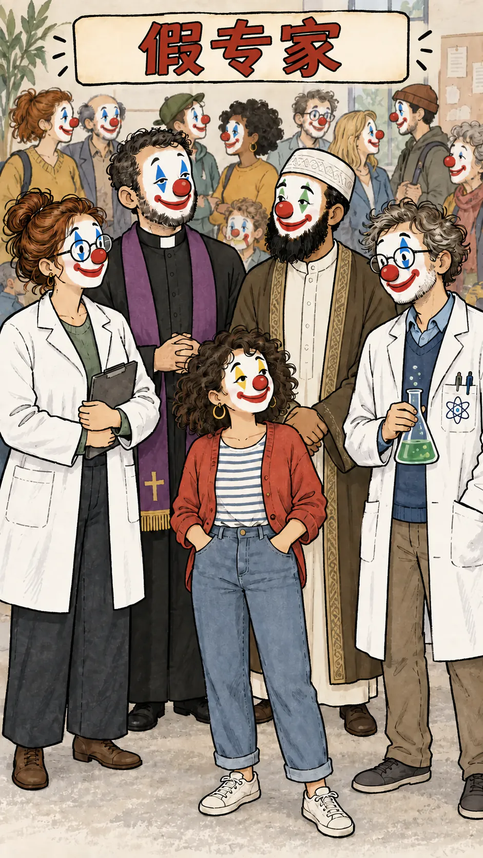 一个精神科医生、一个神父、一个伊玛目、一个科学家，还有一些观众，全都画着小丑妆，上方标题是“假的专家”