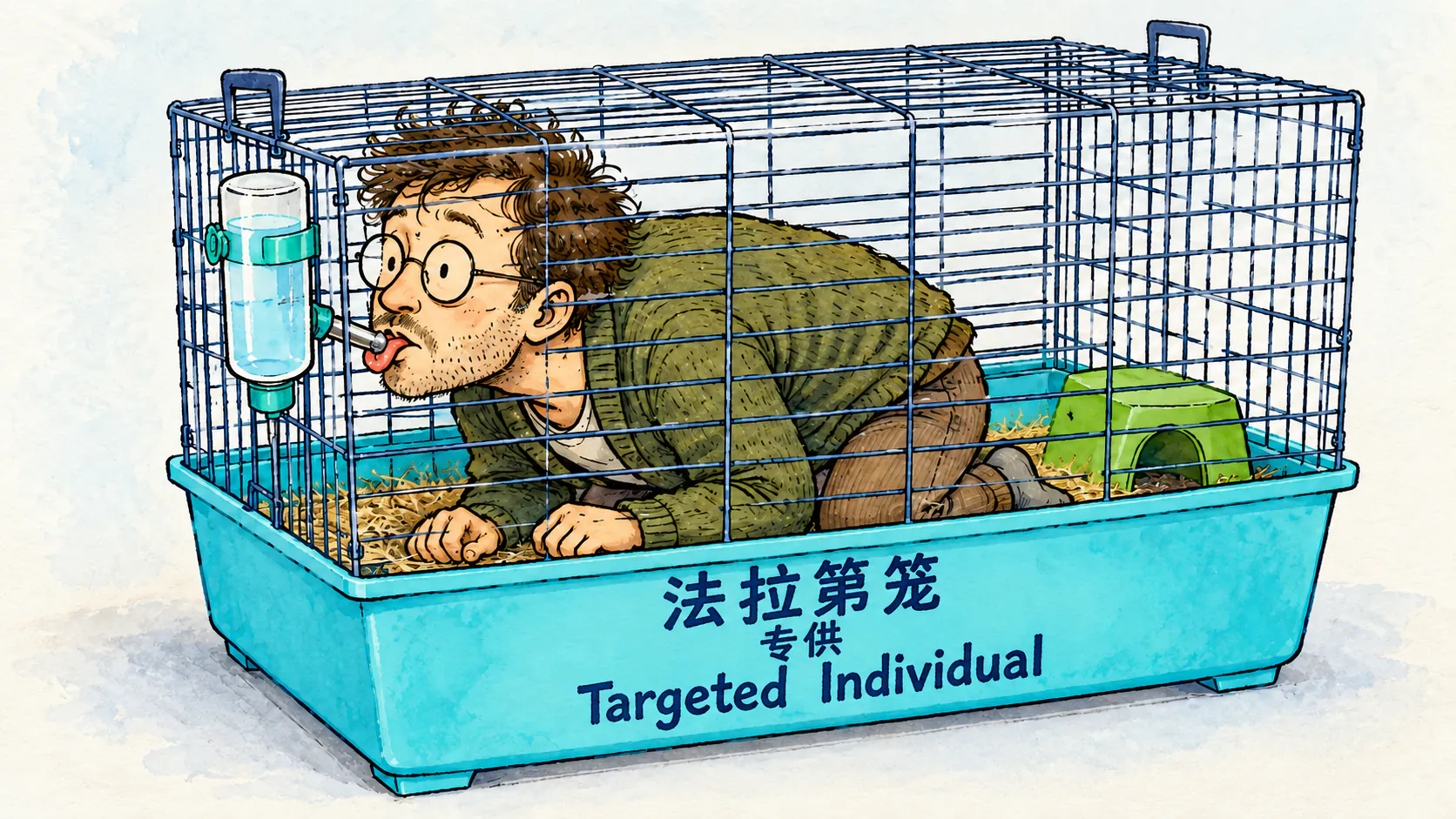 一个看起来很 nerd、很阴谋论的男人被关在笼子里,旁边有个奶瓶,他正舔着金属滚球喝水。底座上写着“给 Targeted Individual 用的法拉第笼”。