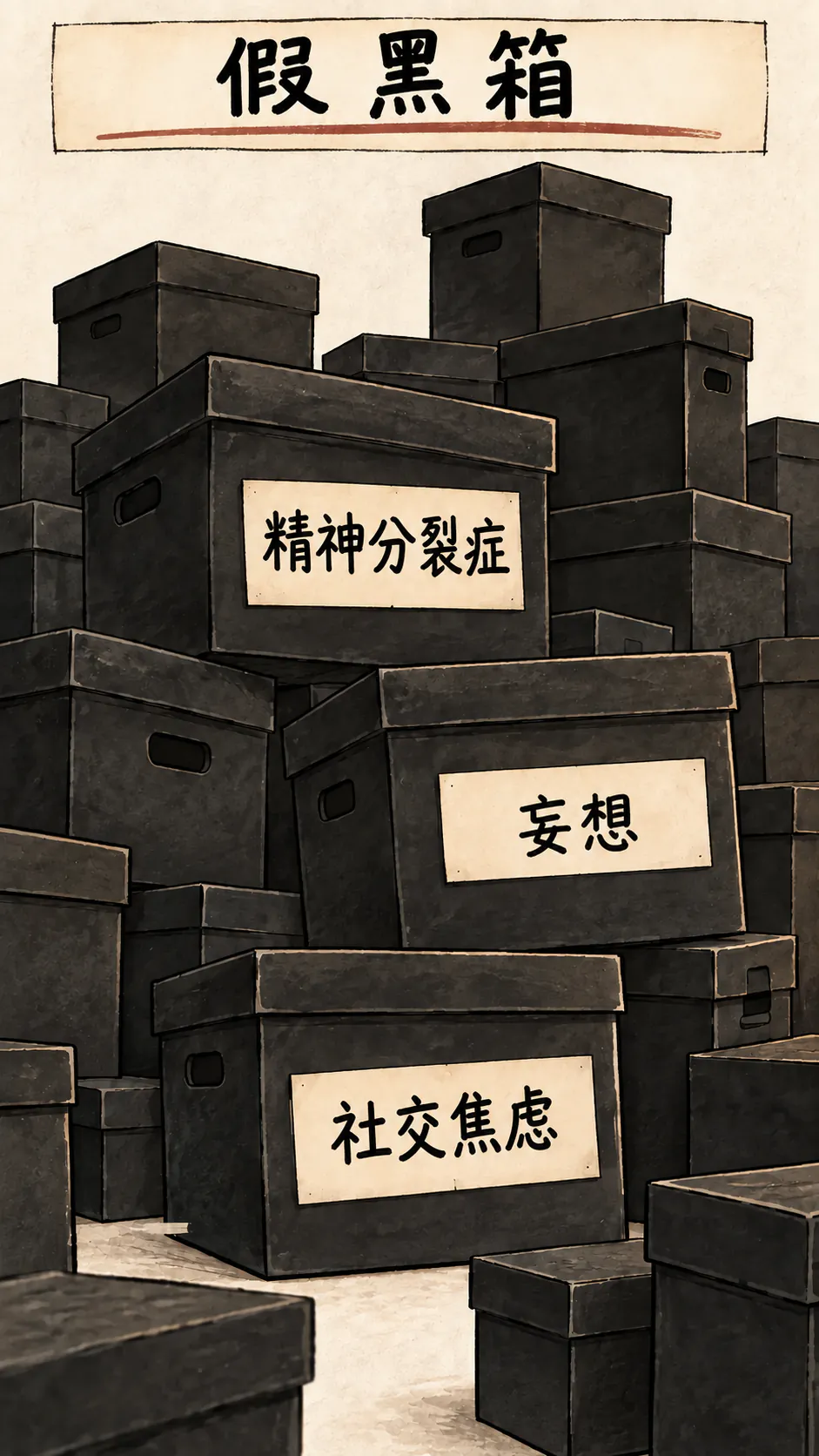 一堆黑箱子堆在一起，其中三个贴着“精神分裂症”“妄想”和“社交焦虑”的标签，上方标题是“假的黑箱子”