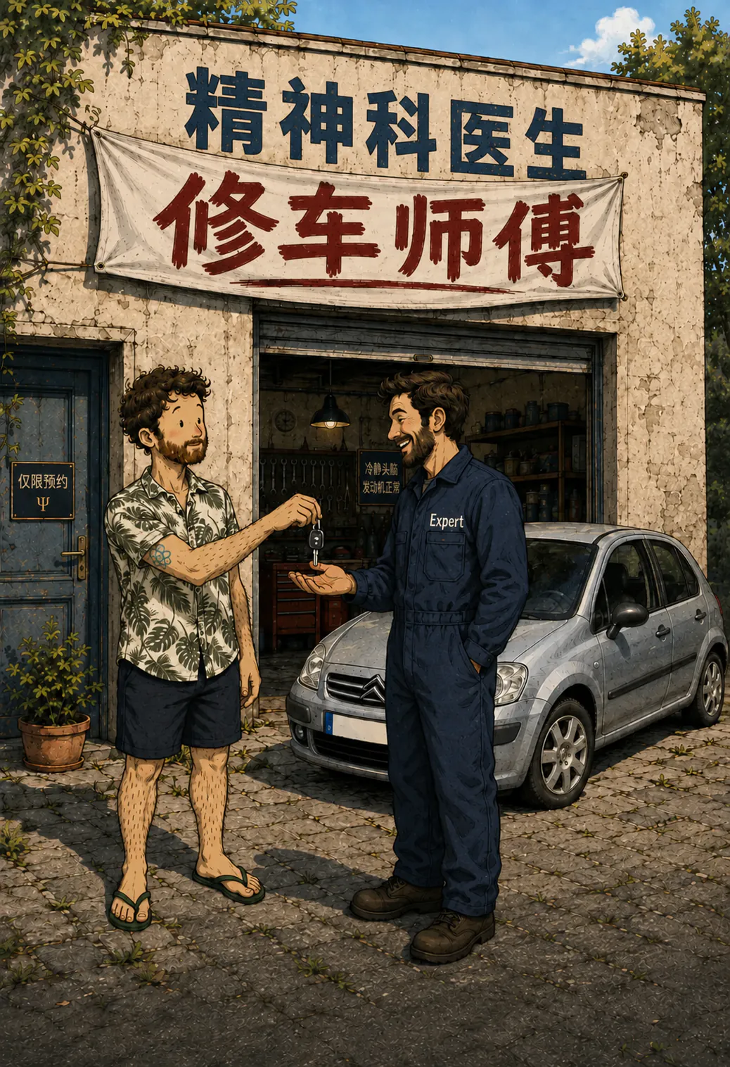 在一家修车厂的墙上,原本画着的招牌“PSYCHIATRE”被一条红色横幅“GARAGISTE”盖住了,穿工装的修车工正站在小梯子上把它拉好;旁边一位顾客和一辆车一起看着这一幕。下方画着标题“修车工的类比”