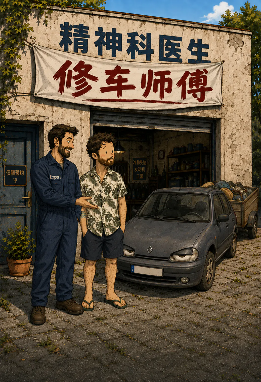 在一家修车厂的墙上,原本画着的招牌“PSYCHIATRE”被一条红色横幅“GARAGISTE”盖住了,穿工装的修车工正站在小梯子上把它拉好;旁边一位顾客和一辆车一起看着这一幕。下方画着标题“修车工的类比”