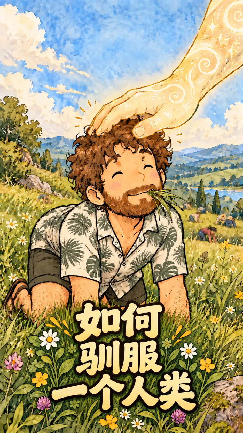 David 在草地上四脚着地啃草，一只巨大的人外手在摸他的头，远处还有几个人类也在吃草。