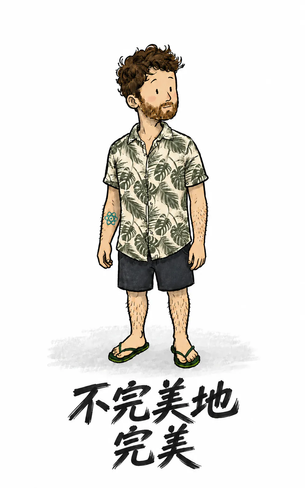 人物站着，正对前方，白色背景下，手写标题是“不完美地完美”