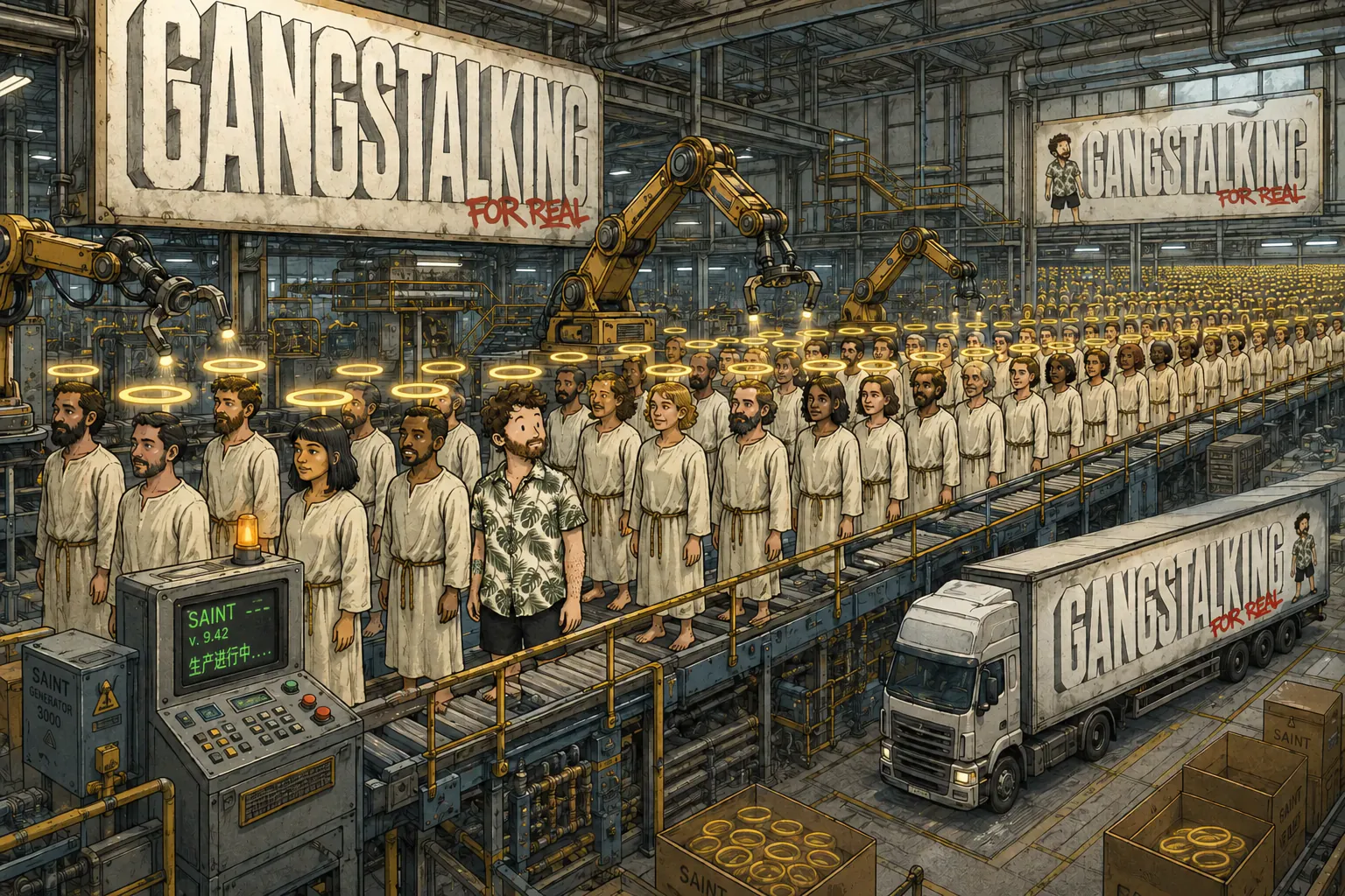 一间工厂里,头顶光环的 saints 在工业流水线上被批量生产,标题是“GANGSTALKING FOR REAL”