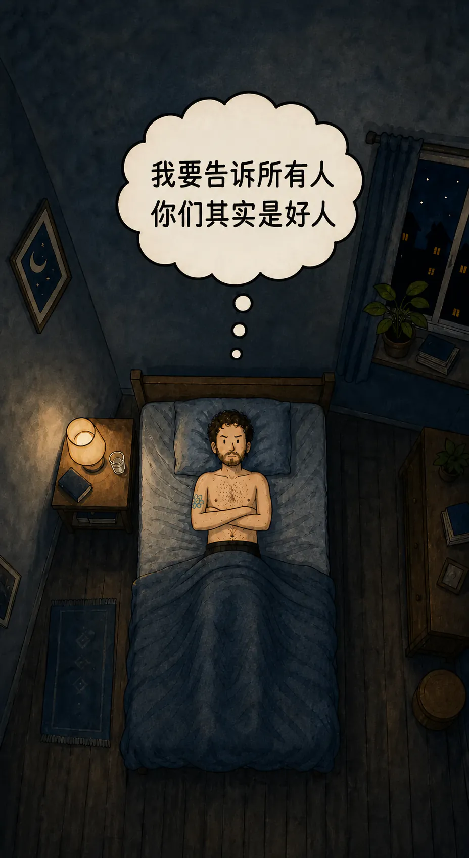 夜里卧室的俯视图：这个角色仰躺在床上，双臂交叉，看起来有点生气。他脑袋上方一个大大的思维气泡写着“我要告诉所有人，你们其实都是好人”