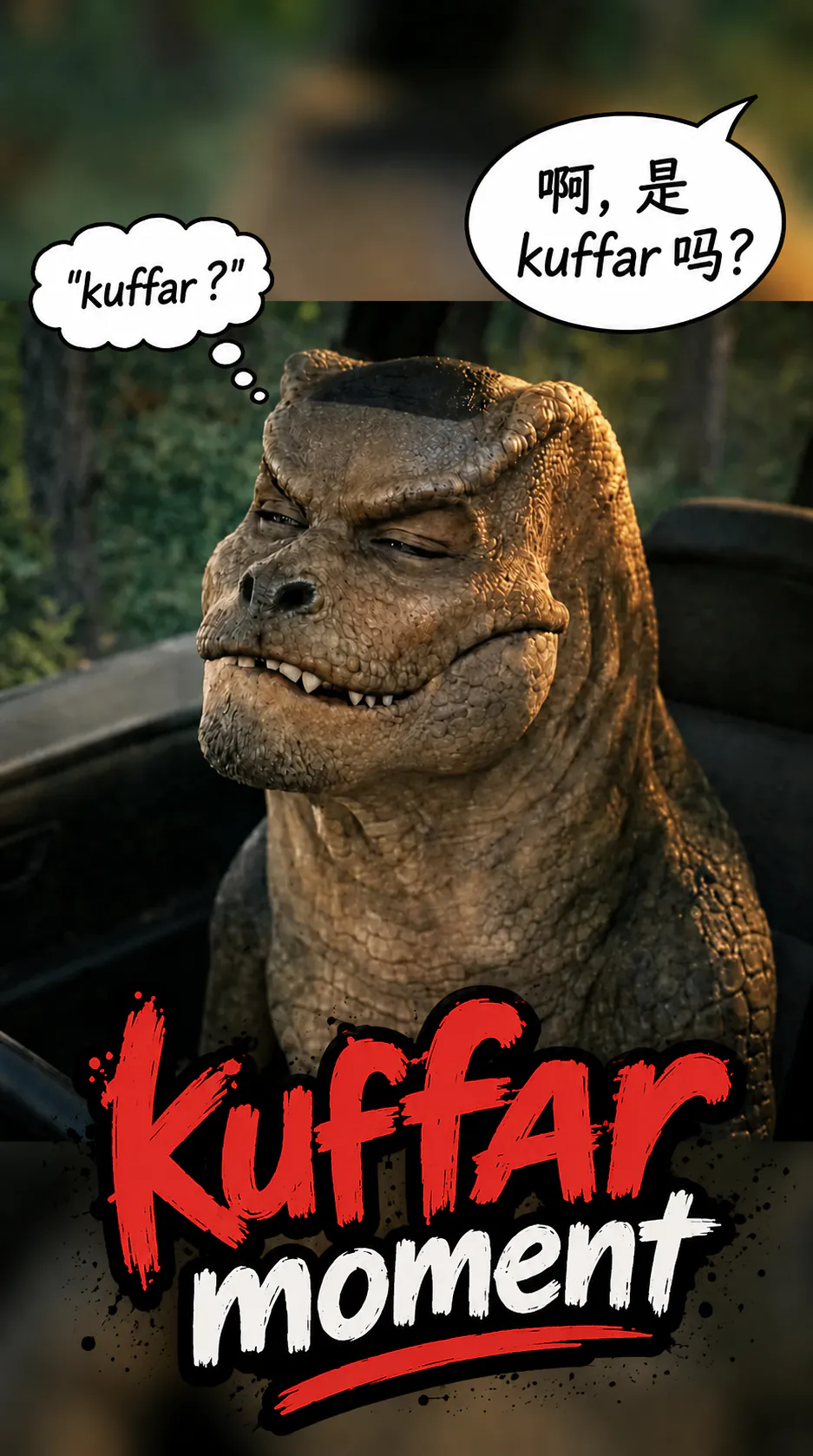 一只恐龙坐在车里，一脸欠欠地说着“啊，这是 kuffar 吗？”，标题是“Le kufar moment”