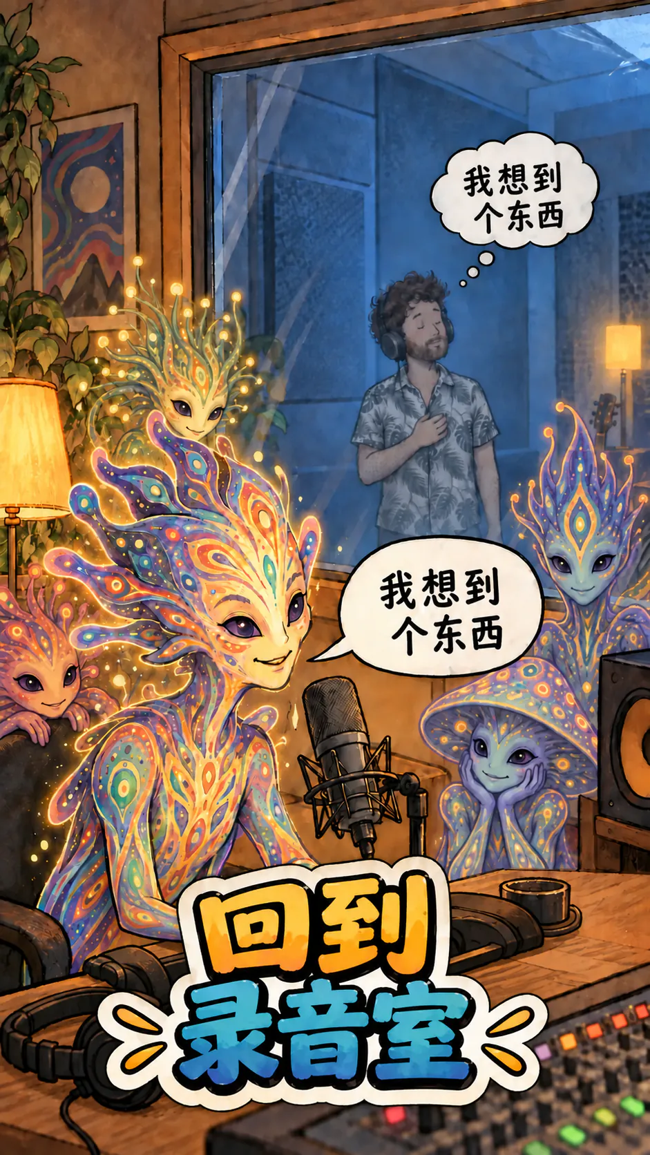 一个 DMT 实体在录音棚的话筒前说话，同时蓝蓝的 David 戴着耳机，在玻璃后面听着，底部写着标题“Le retour studio”