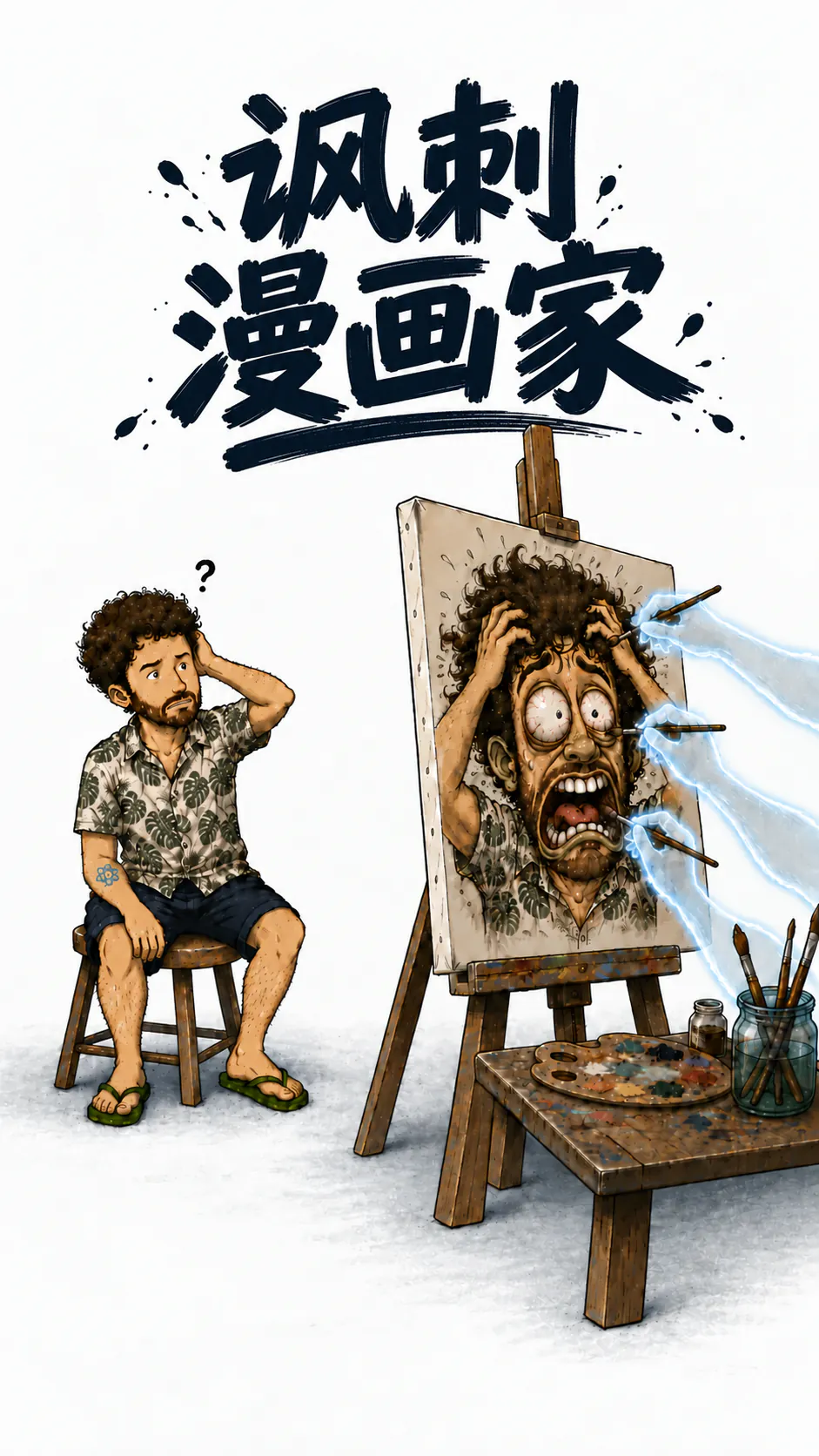 人物坐在一张高脚凳上，头顶一个问号，看着画架上的一幅画：那是他被画成的夸张 caricature，狂叫着，眼神发直，还有几只蓝色半透明的手正在继续往上画