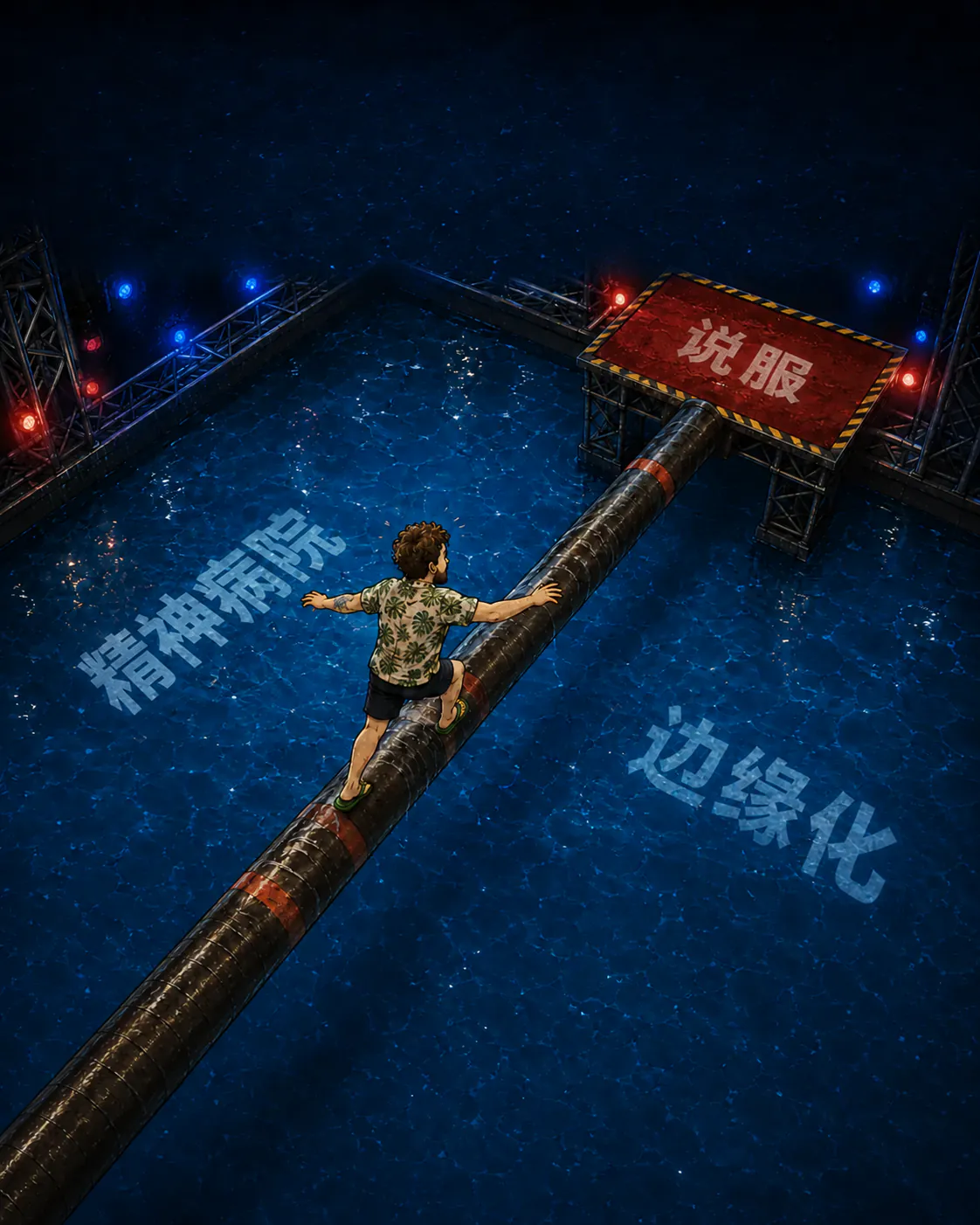 俯视图里，人物四肢着地爬过一根圆木，下面是个综艺闯关水池。左边水里写着“精神病院”，右边写着“被边缘化”，尽头红色平台上写着“说服别人”