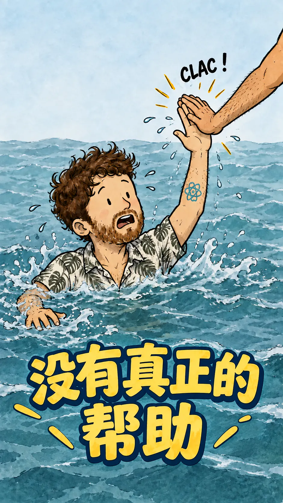 David 快要溺水了，抬手求救，结果画面外伸来一只手，只是跟他击了个掌，并没有救他。