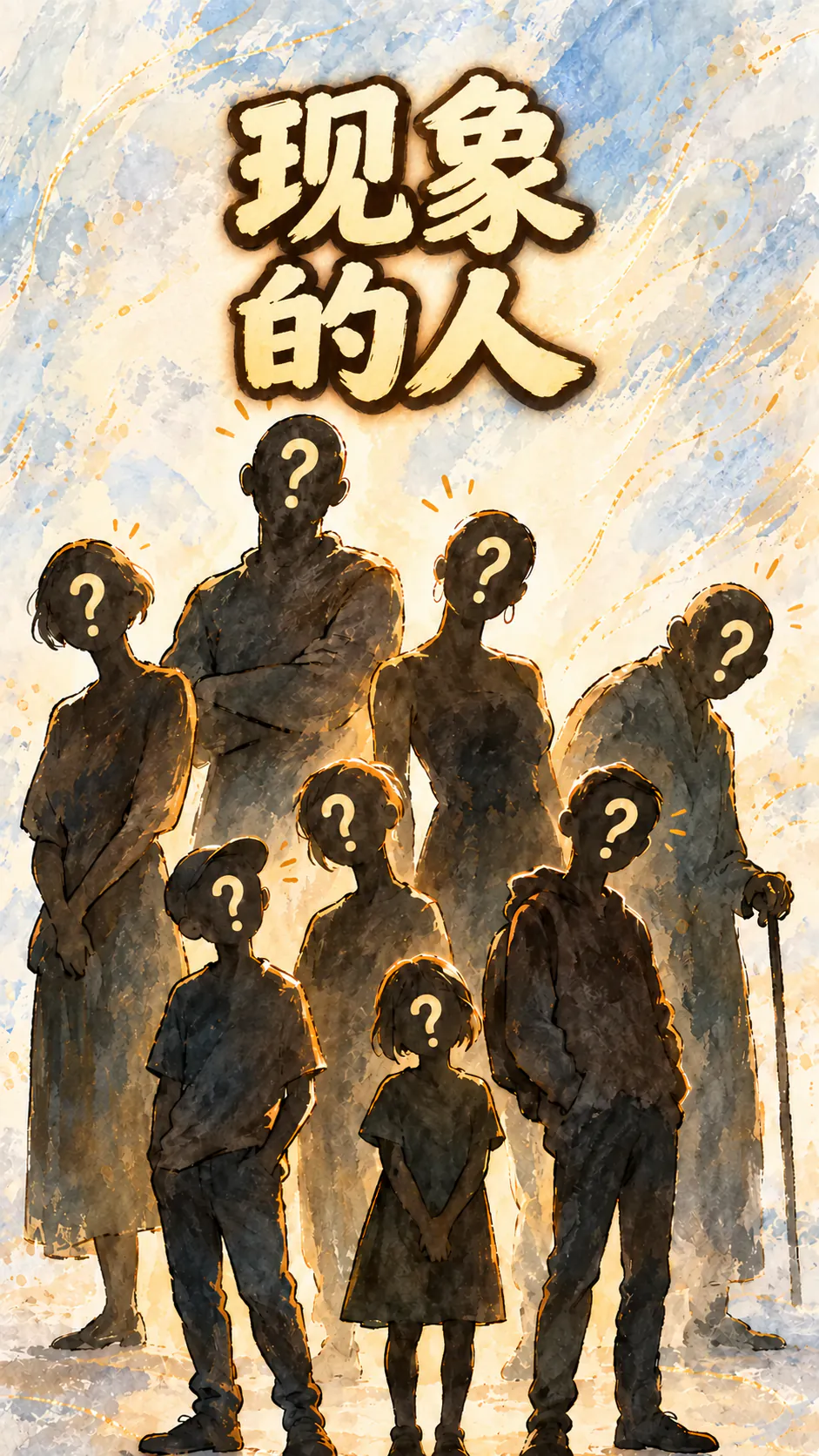 一张竖版插画，画着大人、青少年和小孩的剪影，脸的位置是一个问号