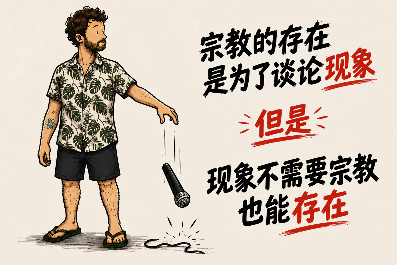 人物把麦克风松手丢下。右边大写字写着:「宗教存在是为了谈论这个现象」,然后是红色下划线的「但是」,再然后是「这个现象不需要宗教就能存在」