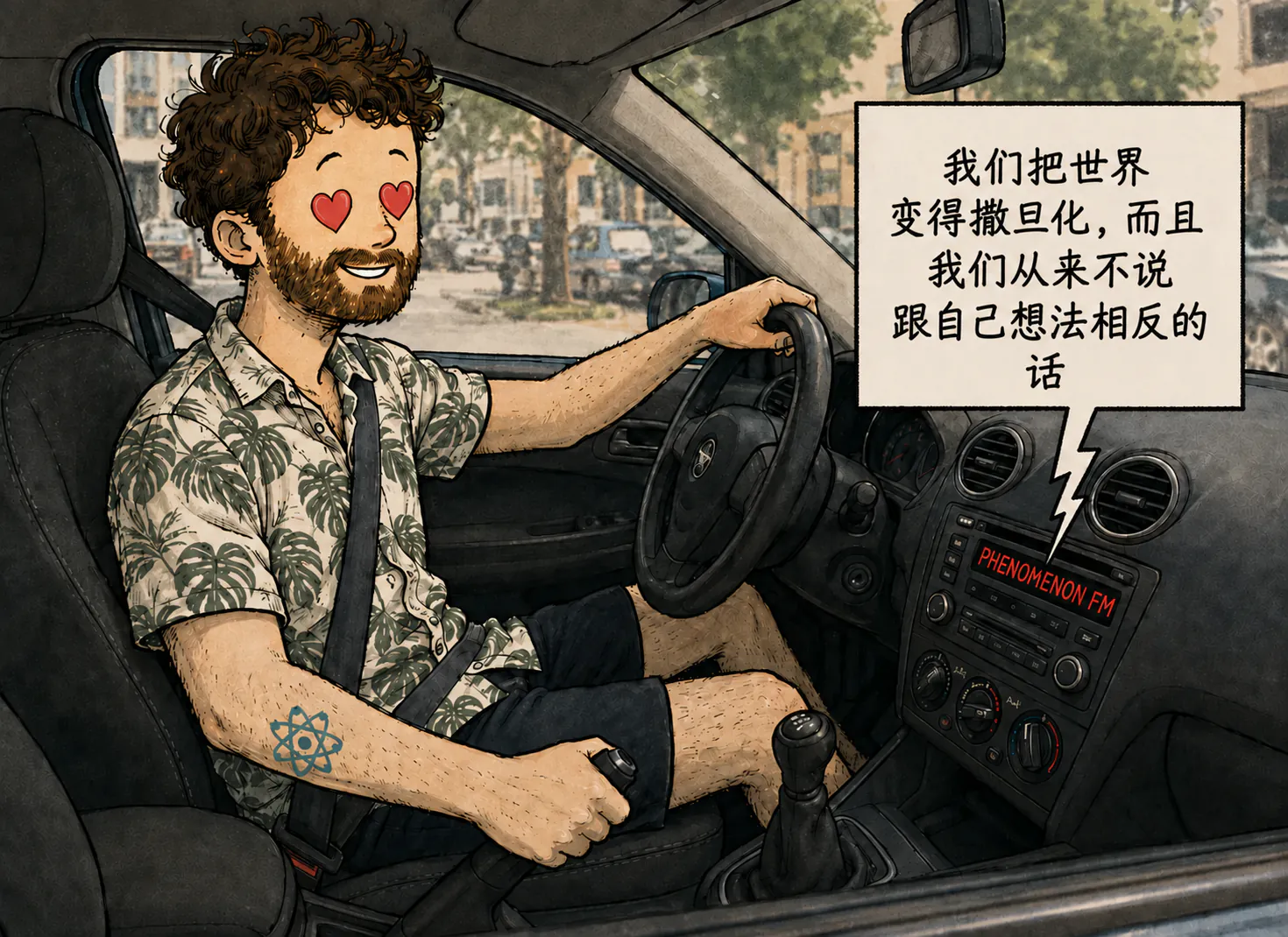 角色一边开车一边微笑,眼睛变成了红色爱心;汽车收音机里冒出一个闪电形对话框,上面写着“PHENOMENON FM”,并播报:“我们把世界说得很 satanic,而且从来不说和自己想法相反的话”