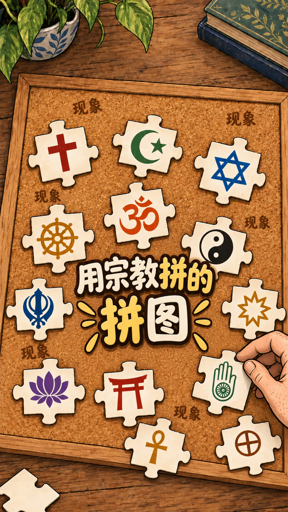 一个摆在软木板上的拼图，上面有各种宗教符号
