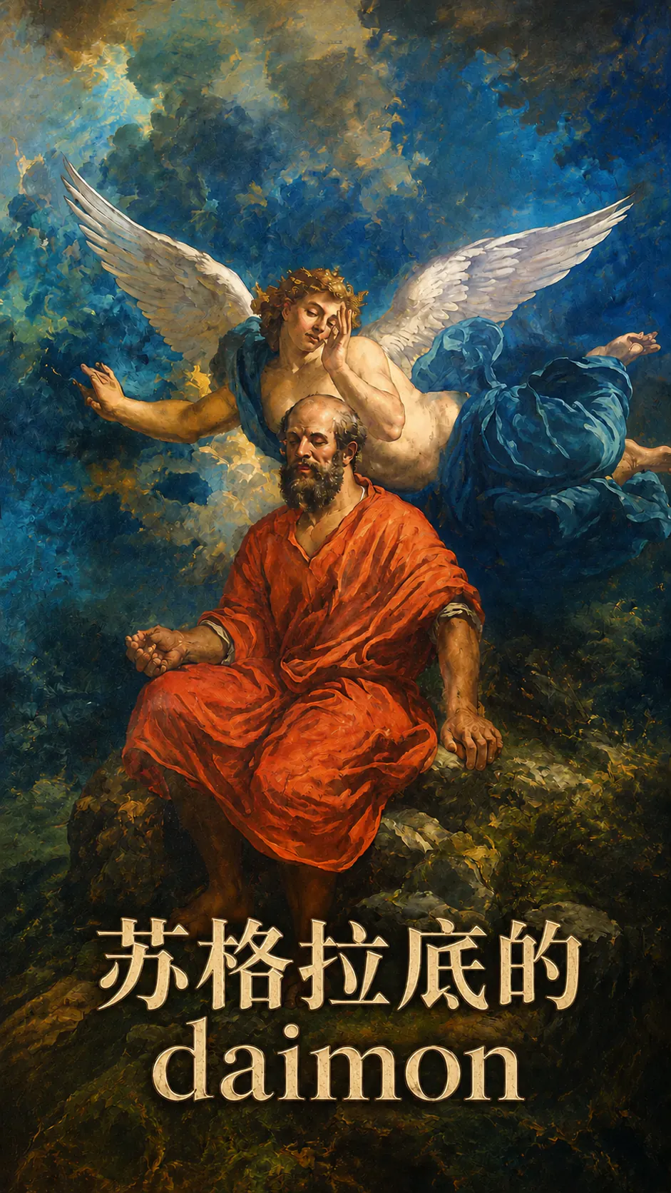 一幅竖构图的古典画：一个穿红袍的络腮胡男人坐在风景中，他身后站着一个有翅膀的身影