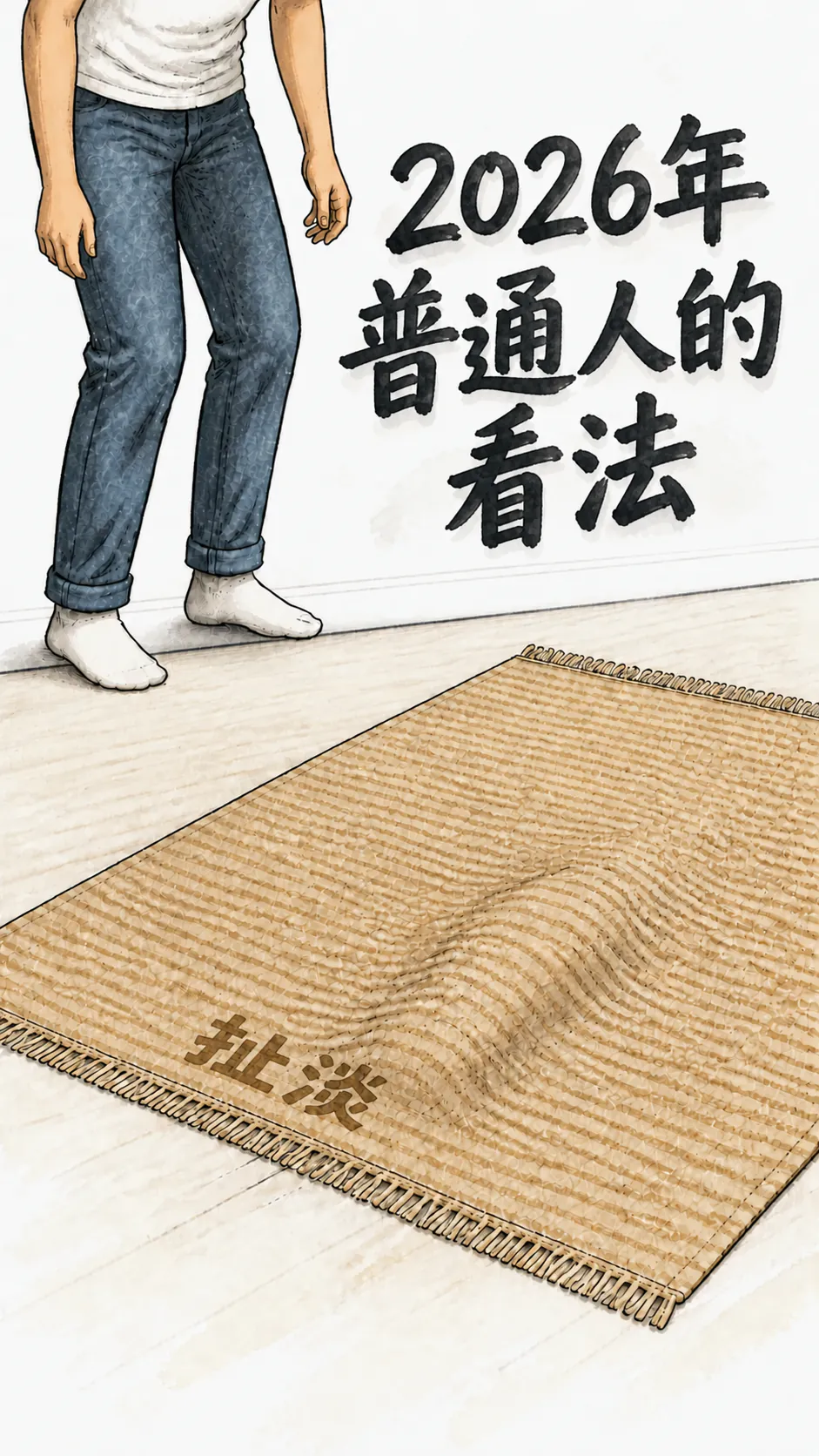 一个男人掀起地毯，下面藏着一个小人，手写标题写着“2026 年普通老百姓的看法”