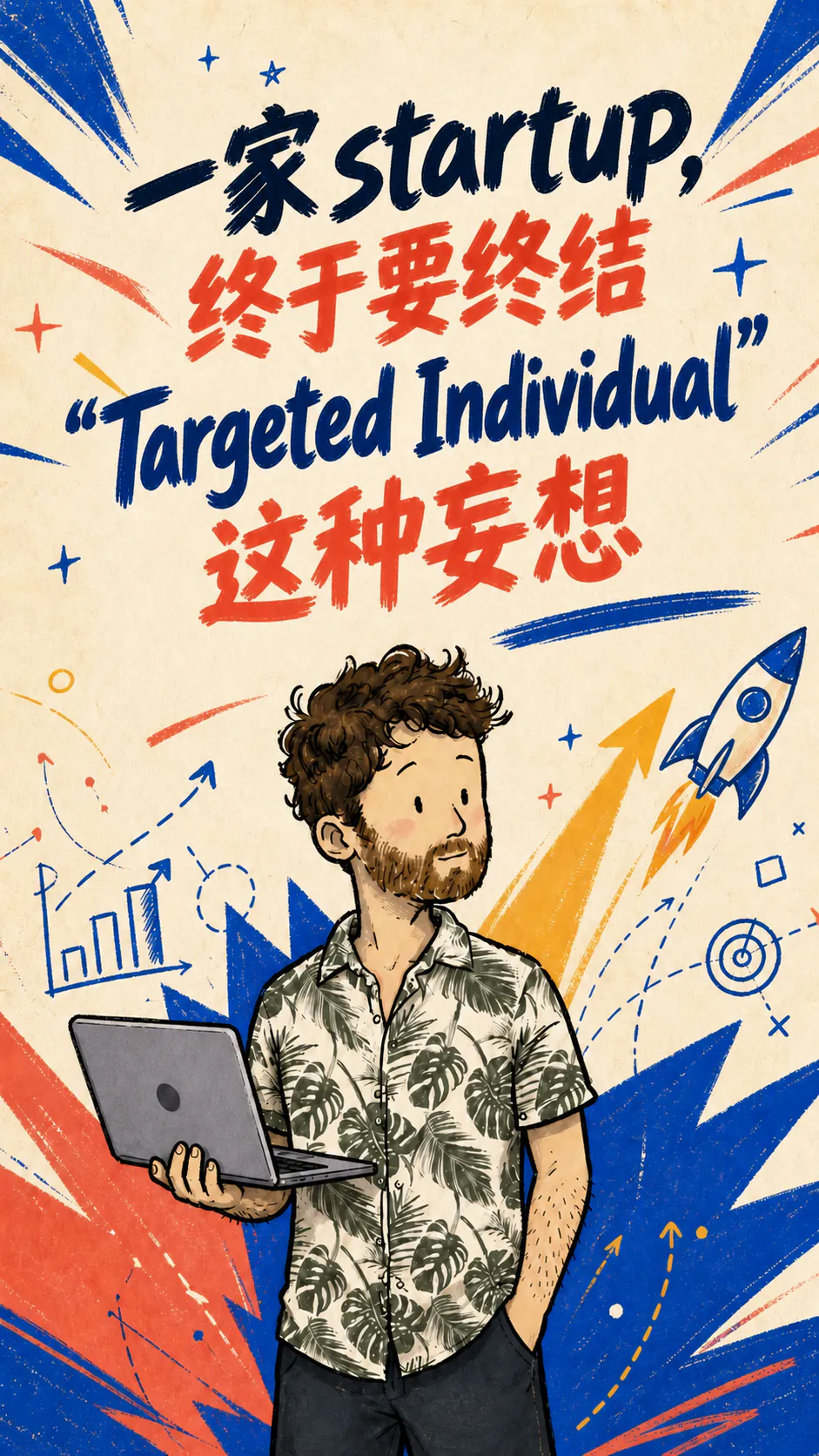 David 拿着一台笔记本电脑，站在一张介绍 Targeted Individual startup 的彩色海报前。