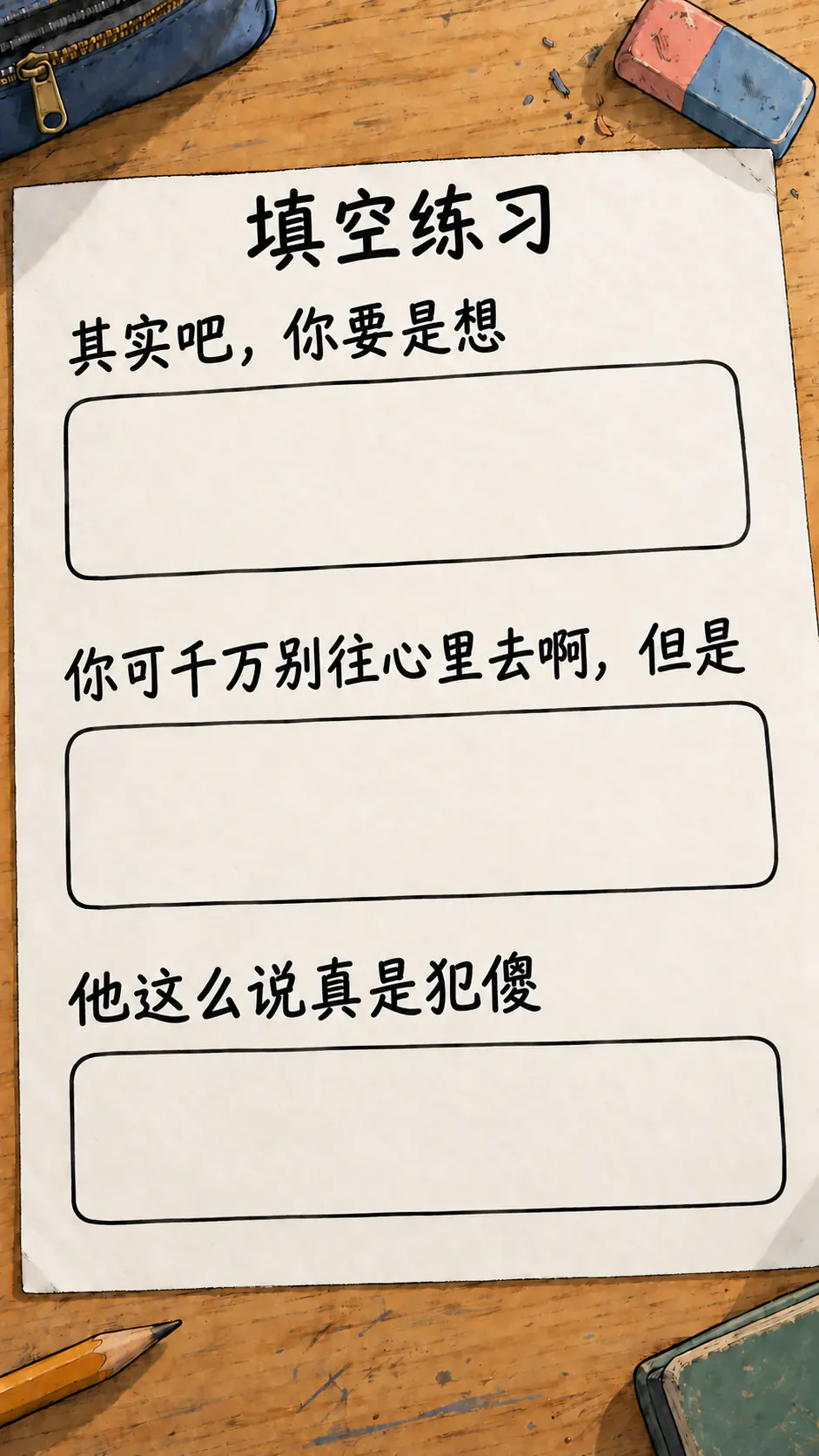 一张练习纸放在学生课桌上，标题是“补全文本”，上面有三句大字和三个空框用来写后半句