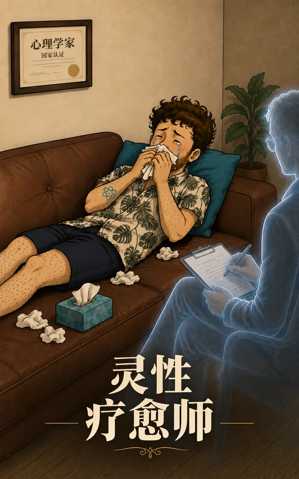 角色躺在诊所沙发上，拿着纸巾哭，周围散着一团团揉皱的纸，一个半透明的治疗师在旁边记笔记，墙上挂着一张“PSYCHOLOGUE”文凭。底部写着标题“灵性治疗师们”