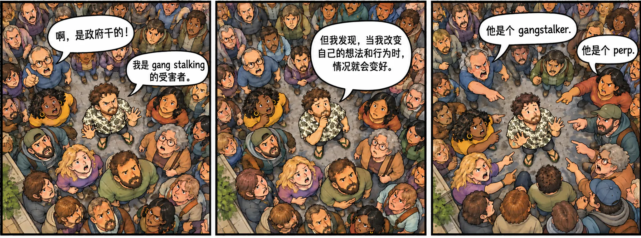 一组三格漫画,画的是一个站在人群里的男人:他先说自己是 gang stalking 的受害者,然后解释说,当他改变自己的思维方式和行为方式之后,情况就好多了。最后一格里,两个人指着他说他是个 gangstalker,也是个 perp。