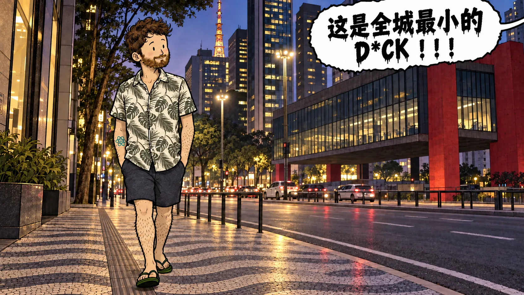 David 晚上走在圣保罗的 Avenida Paulista 上,画面外传来一个打了码的对话气泡