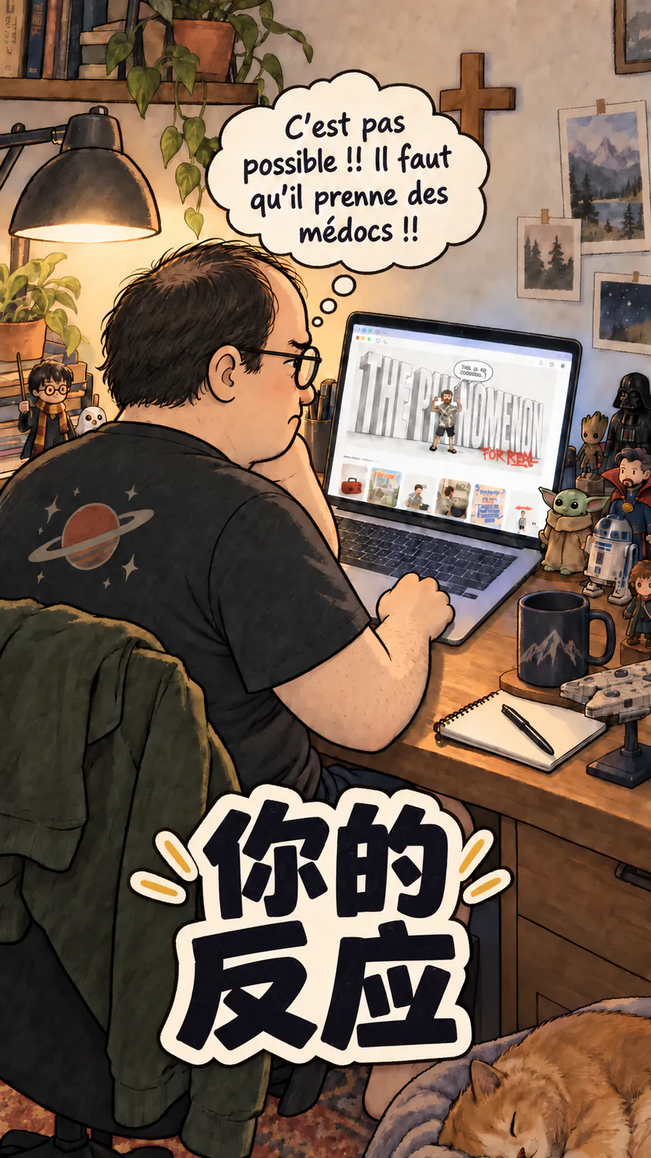 一个男人坐在电脑前，周围摆着一堆小人偶，烦躁地想着事，上方标题写着“你们的反应”